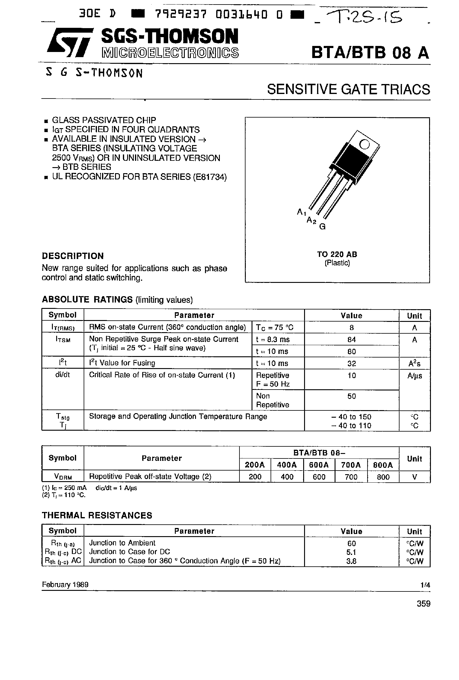 Даташит BTB08A-700A - SENSITIVE GATE TRIACS страница 1