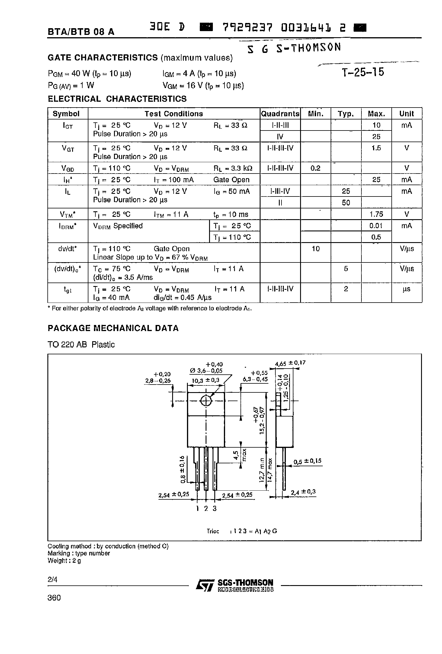 Даташит BTB08A-700A - SENSITIVE GATE TRIACS страница 2