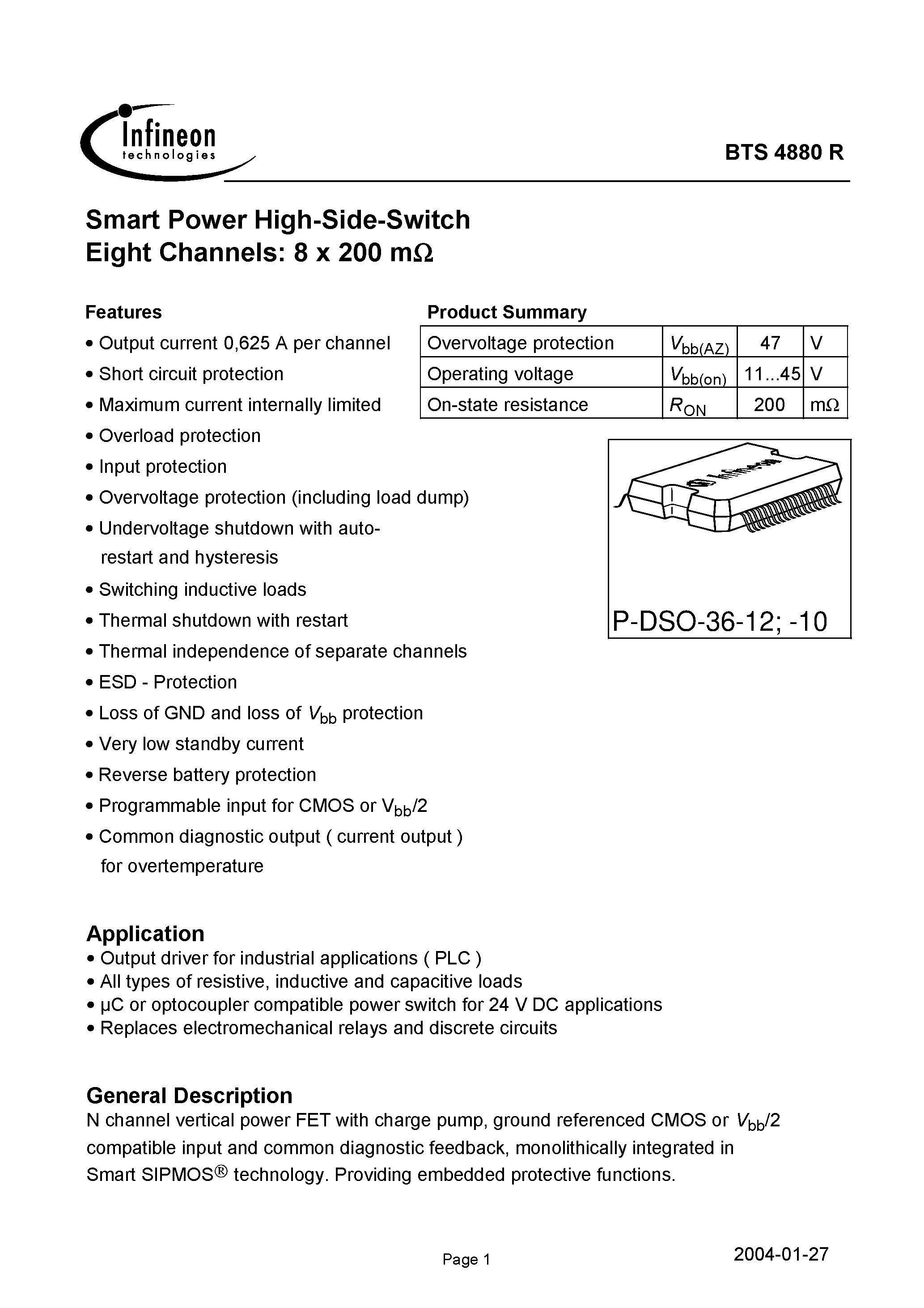 Datasheet BTS4880R - Smart Power High-Side-Switch Eight Channels: 8 x 200 m page 1