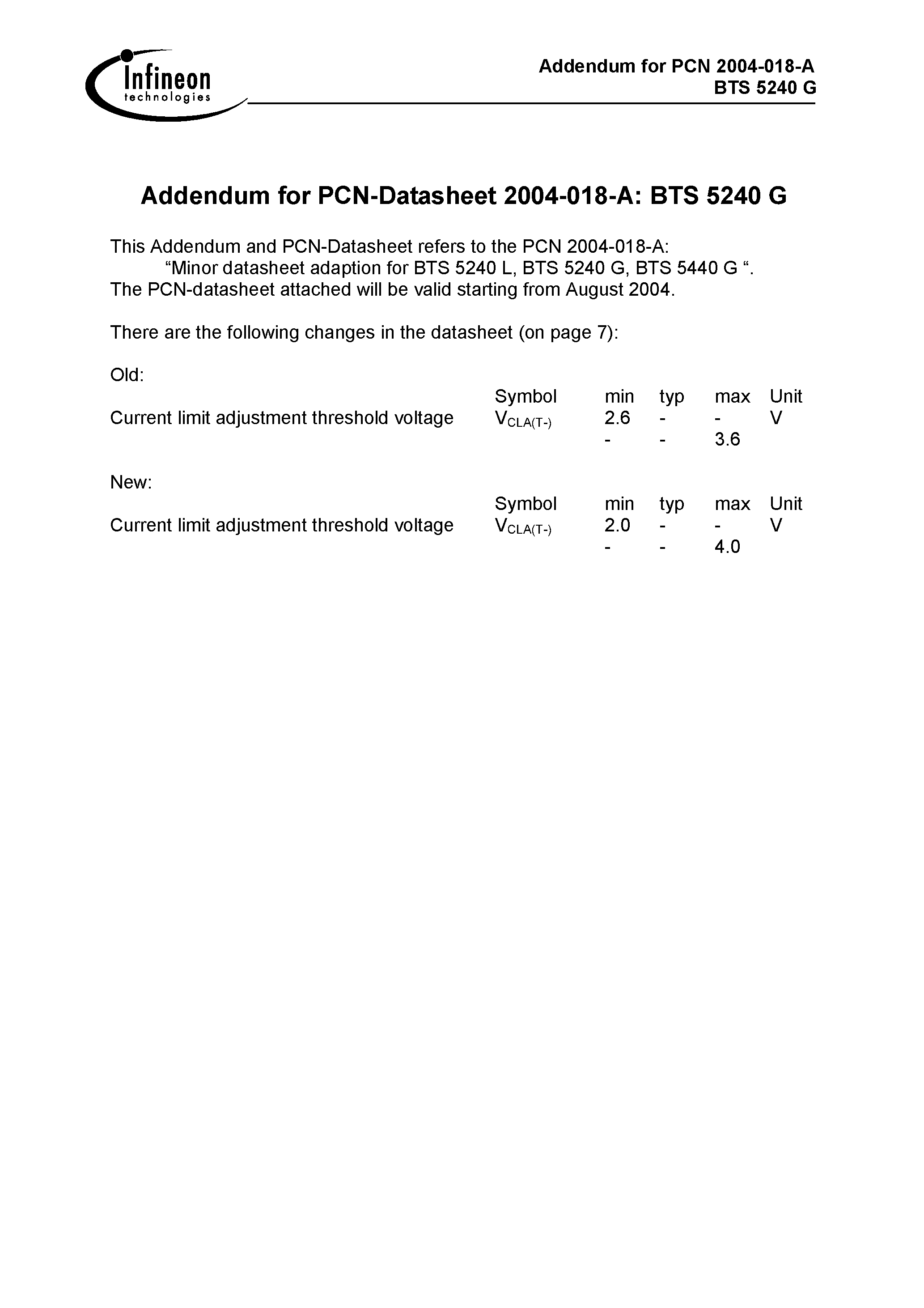 Datasheet BTS5240G - Addendum for PCN-Datasheet 2004-018-A page 1