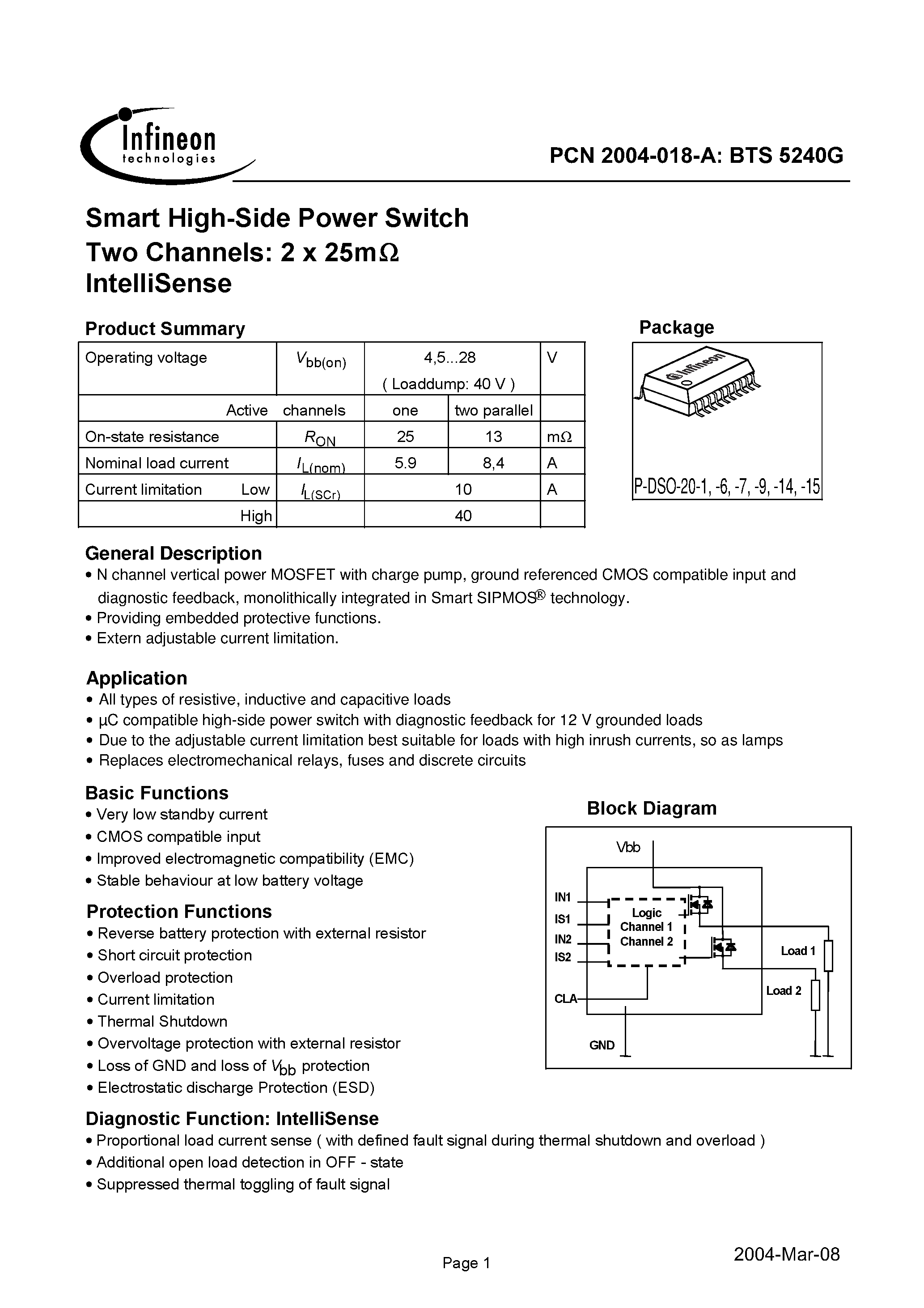 Datasheet BTS5240G - Addendum for PCN-Datasheet 2004-018-A page 2