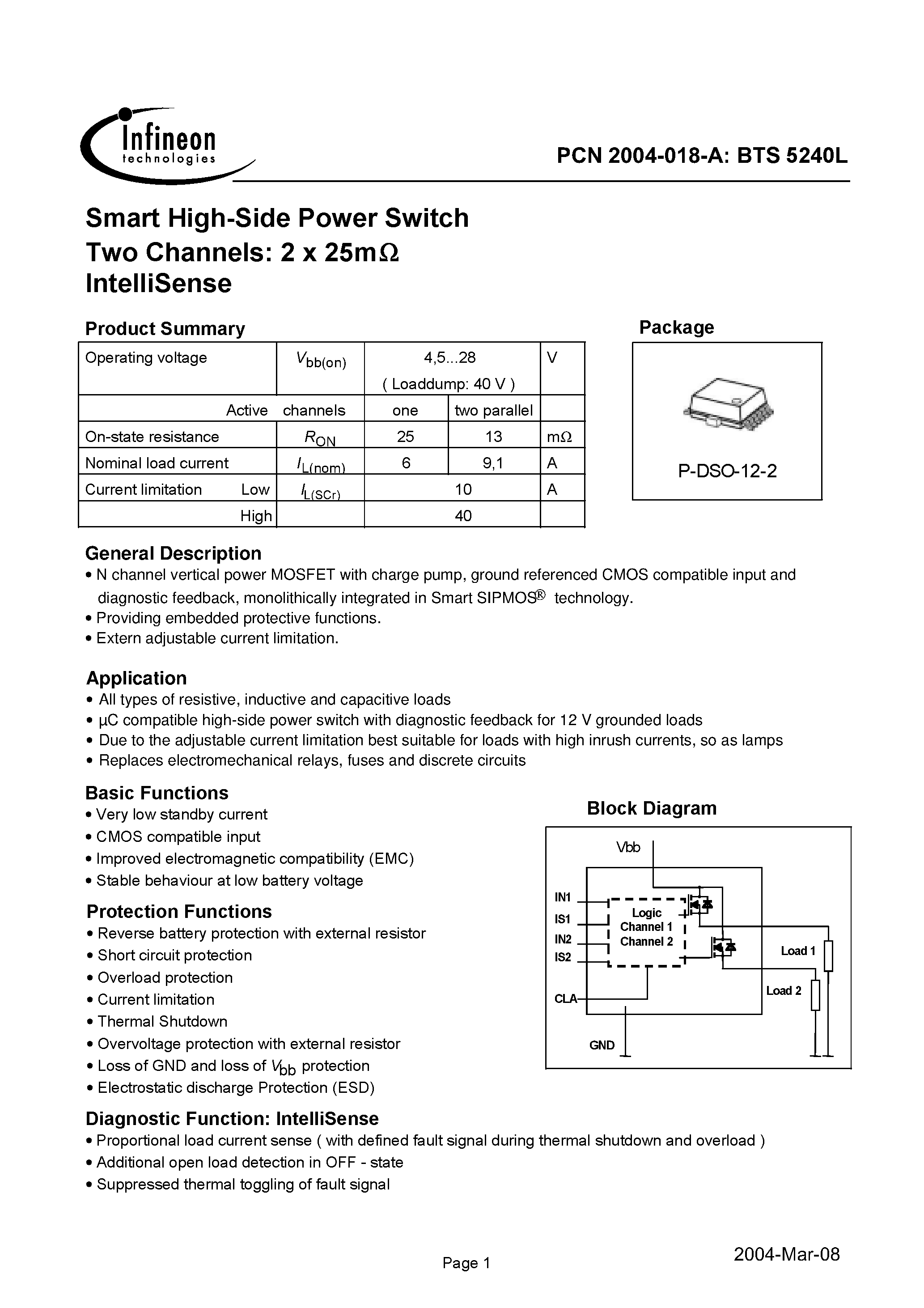 Datasheet BTS5240L - Addendum for PCN-Datasheet 2004-018-A page 2