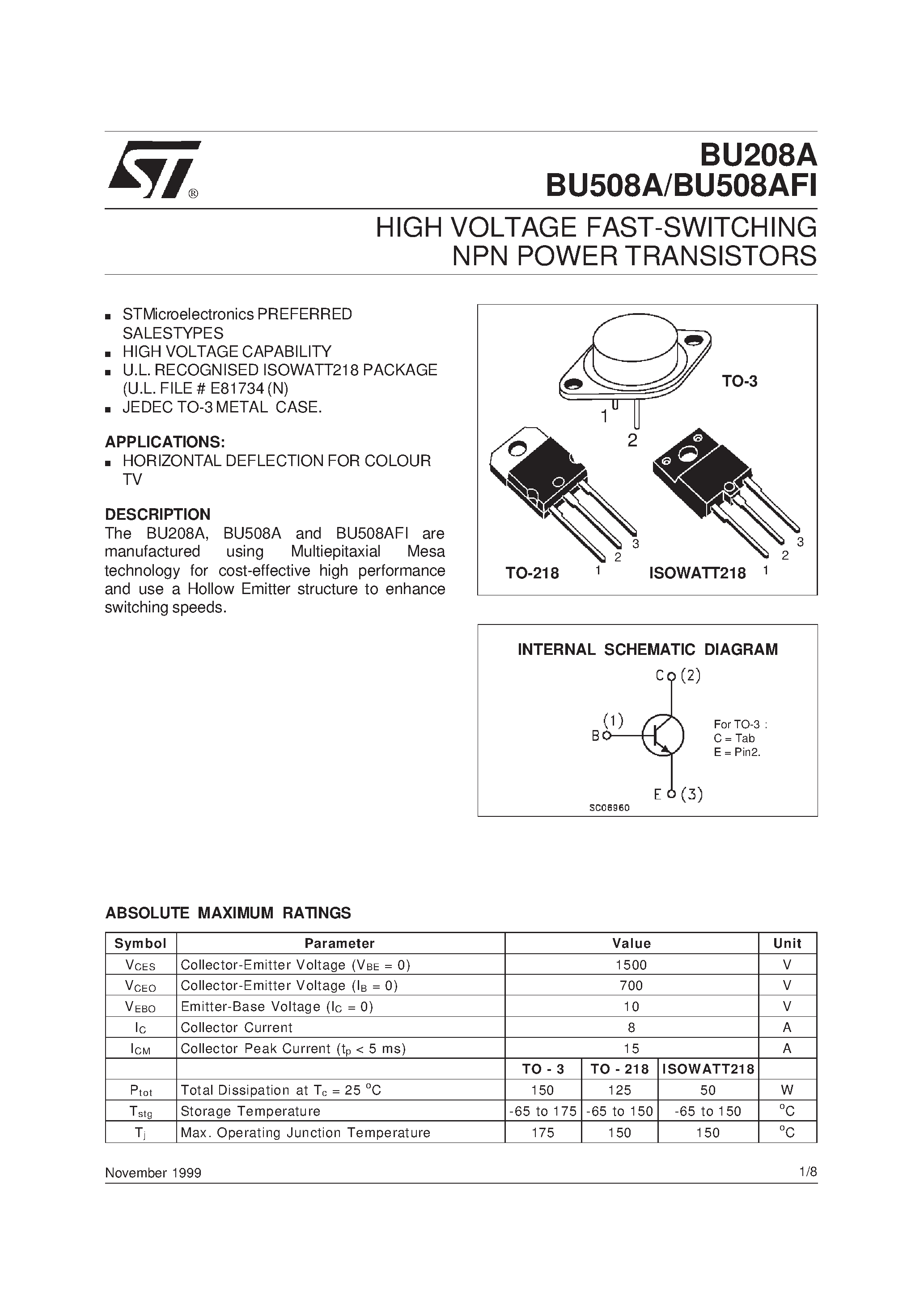 Даташит на микросхему BU508AFI страница 1 Даташит BU508AFI - HIGH VOLTAGE FAST-SWITCHING NPN POWER TRANSISTORS страница 1