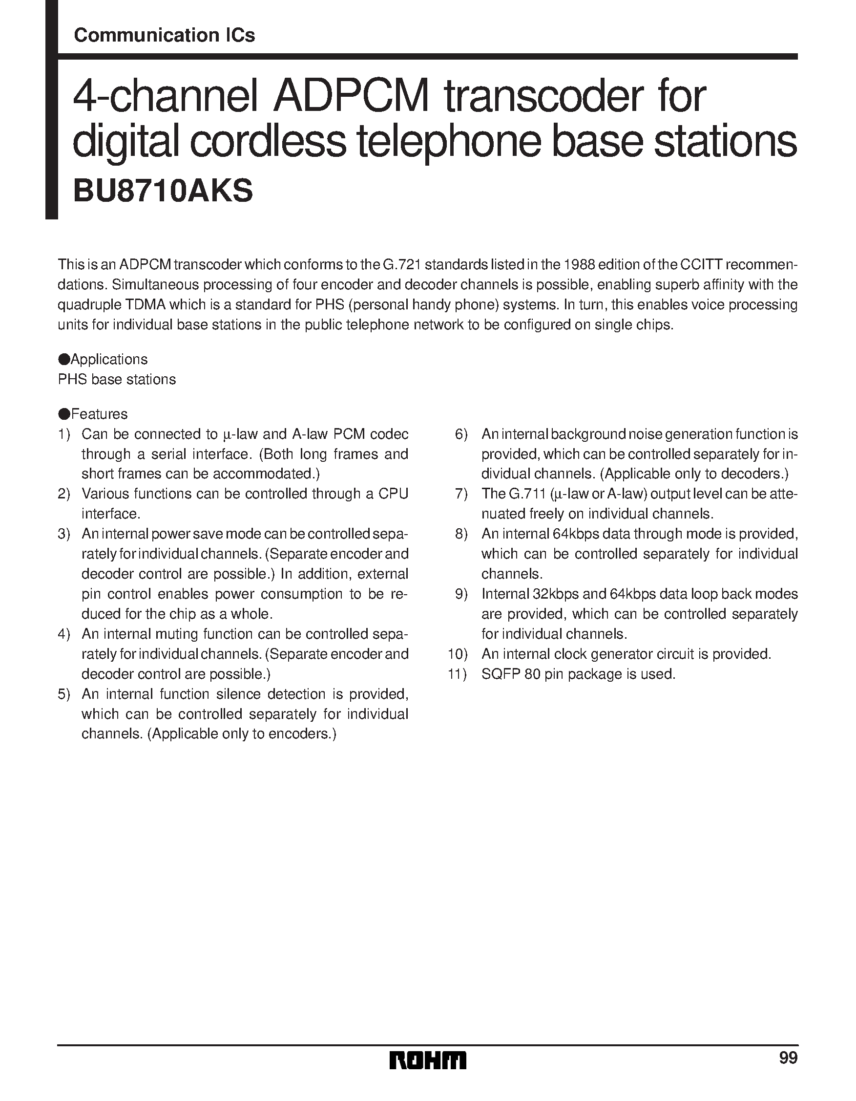 Datasheet BU8710AKS - 4-channel ADPCM transcoder for digital cordless telephone base stations page 1