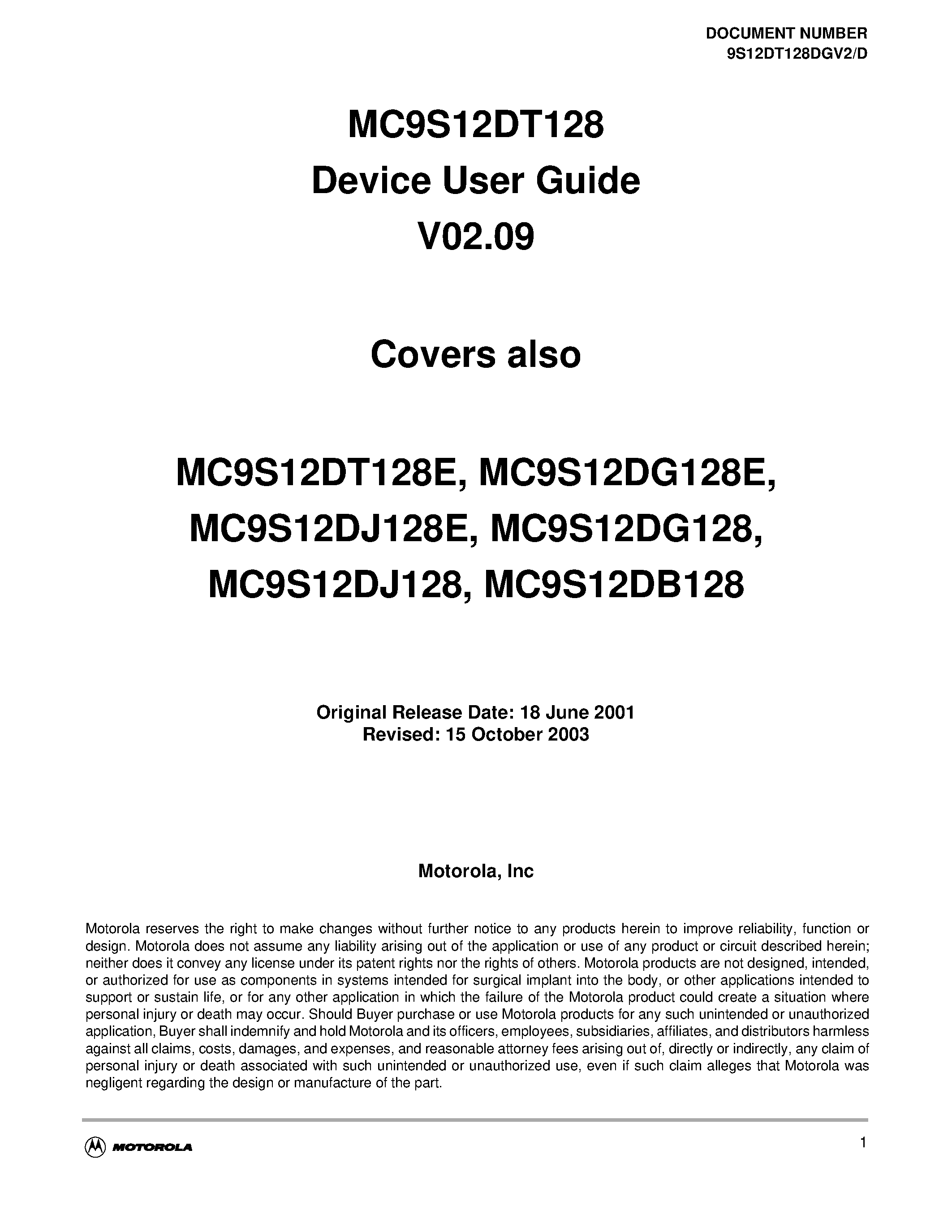 Datasheet S12BDLCV1D - MC9S12DT128 Device User Guide V02.09 page 1