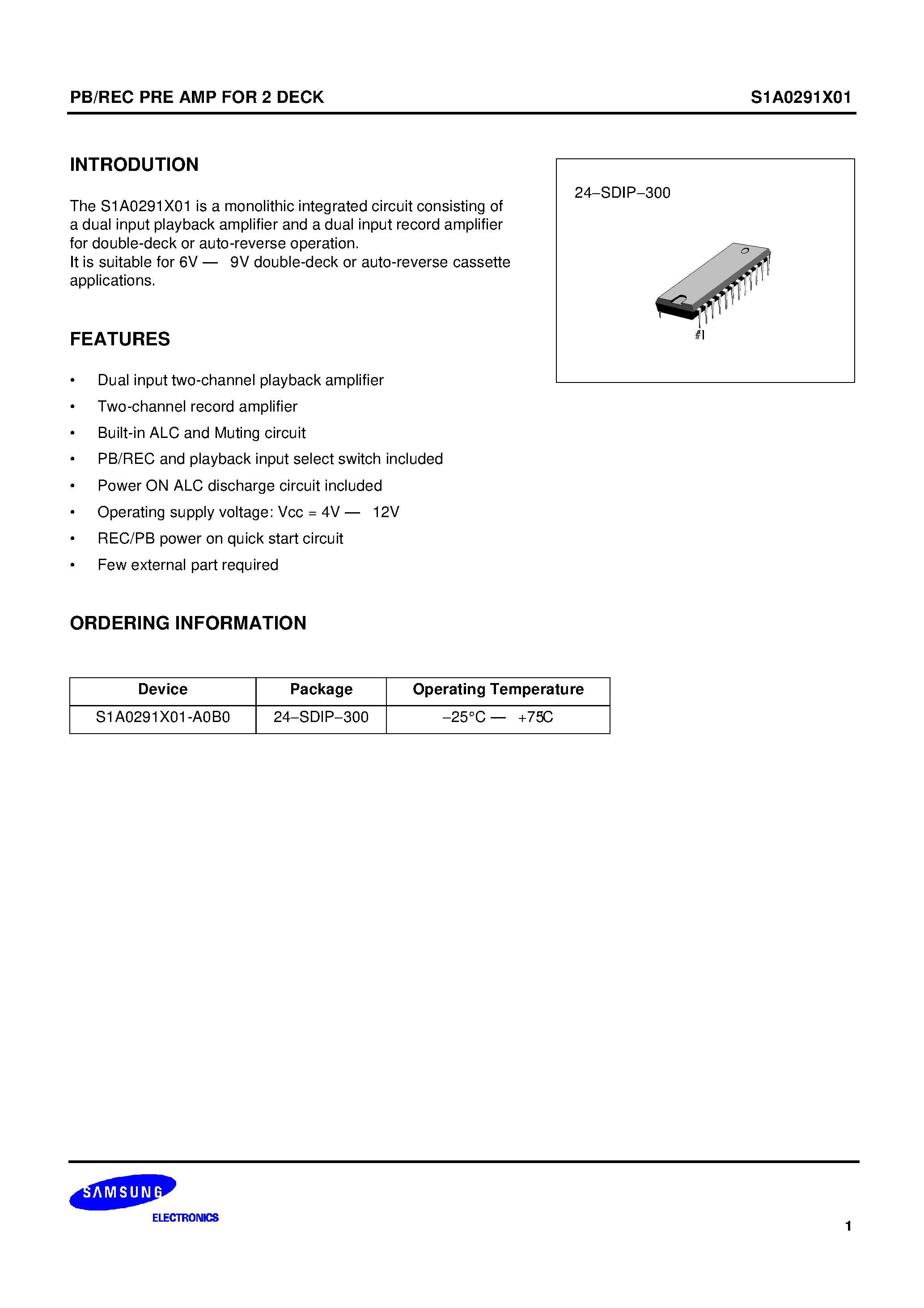 Даташит S1A0291X01 - PB/REC PRE AMP FOR 2 DECK страница 1