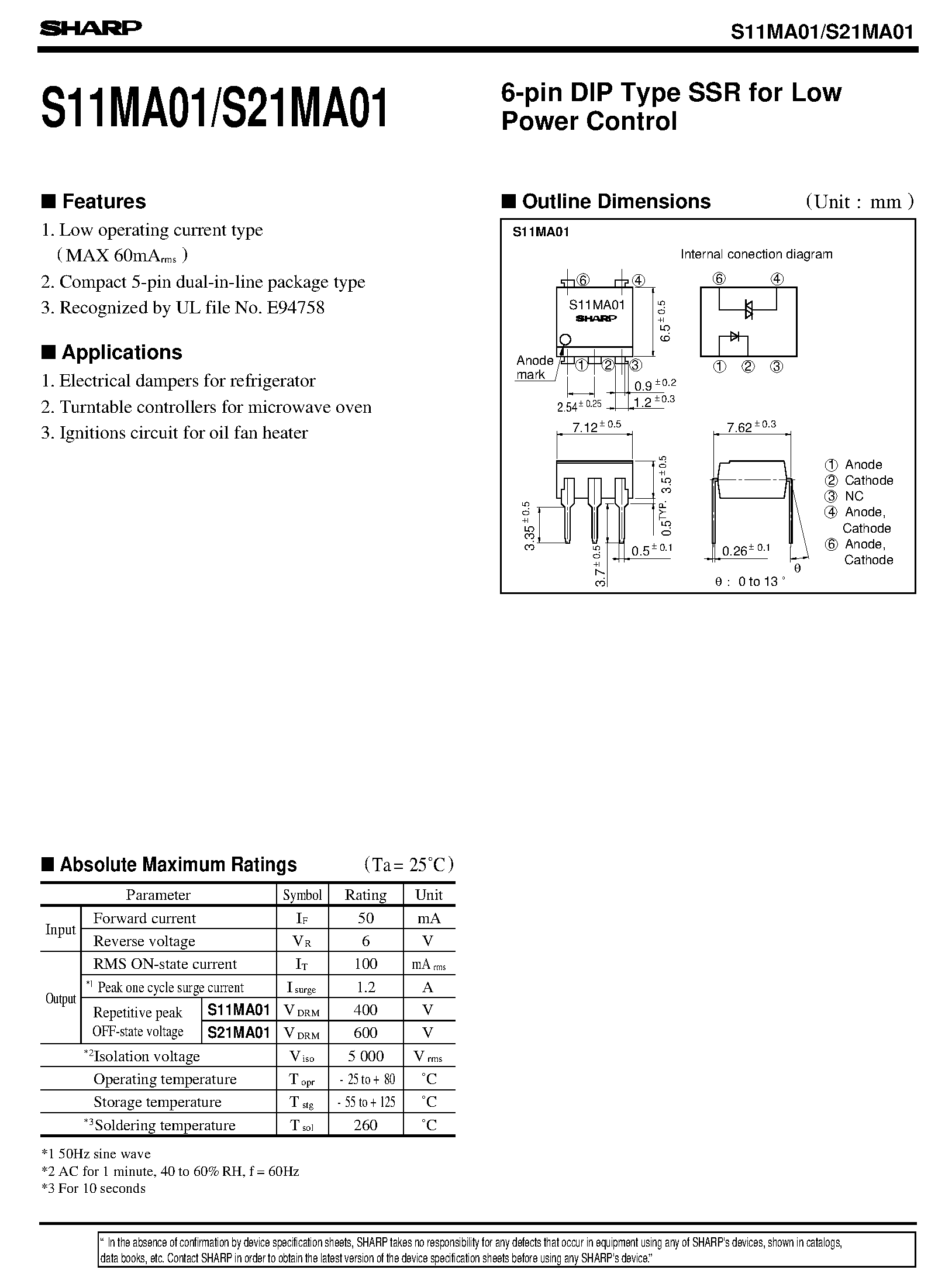 Даташит S21MA01 - 6-pin DIP Type SSR for Low Power Control страница 1