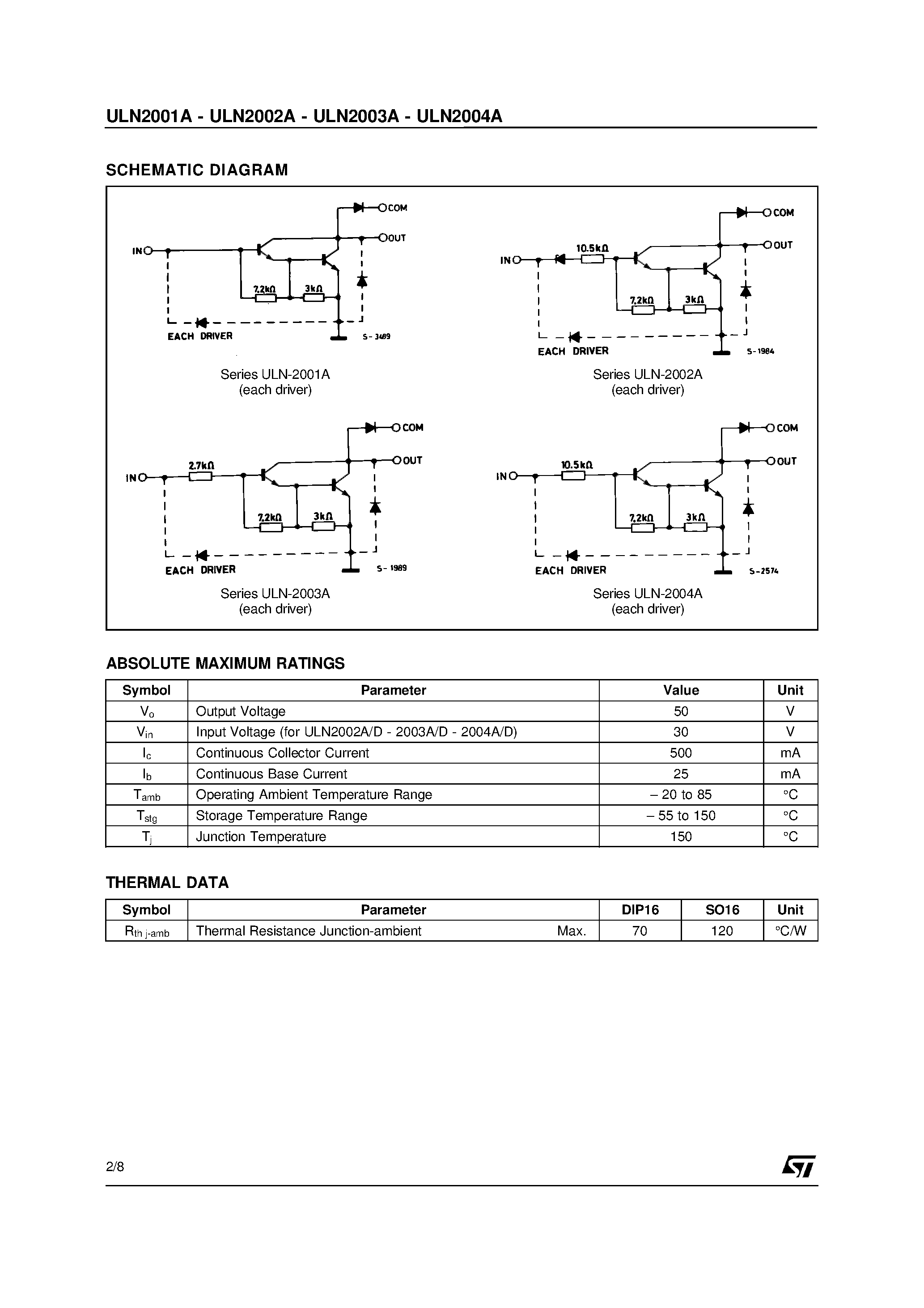 Даташит ULN2000 - SEVEN DARLINGTON ARRAYS страница 2