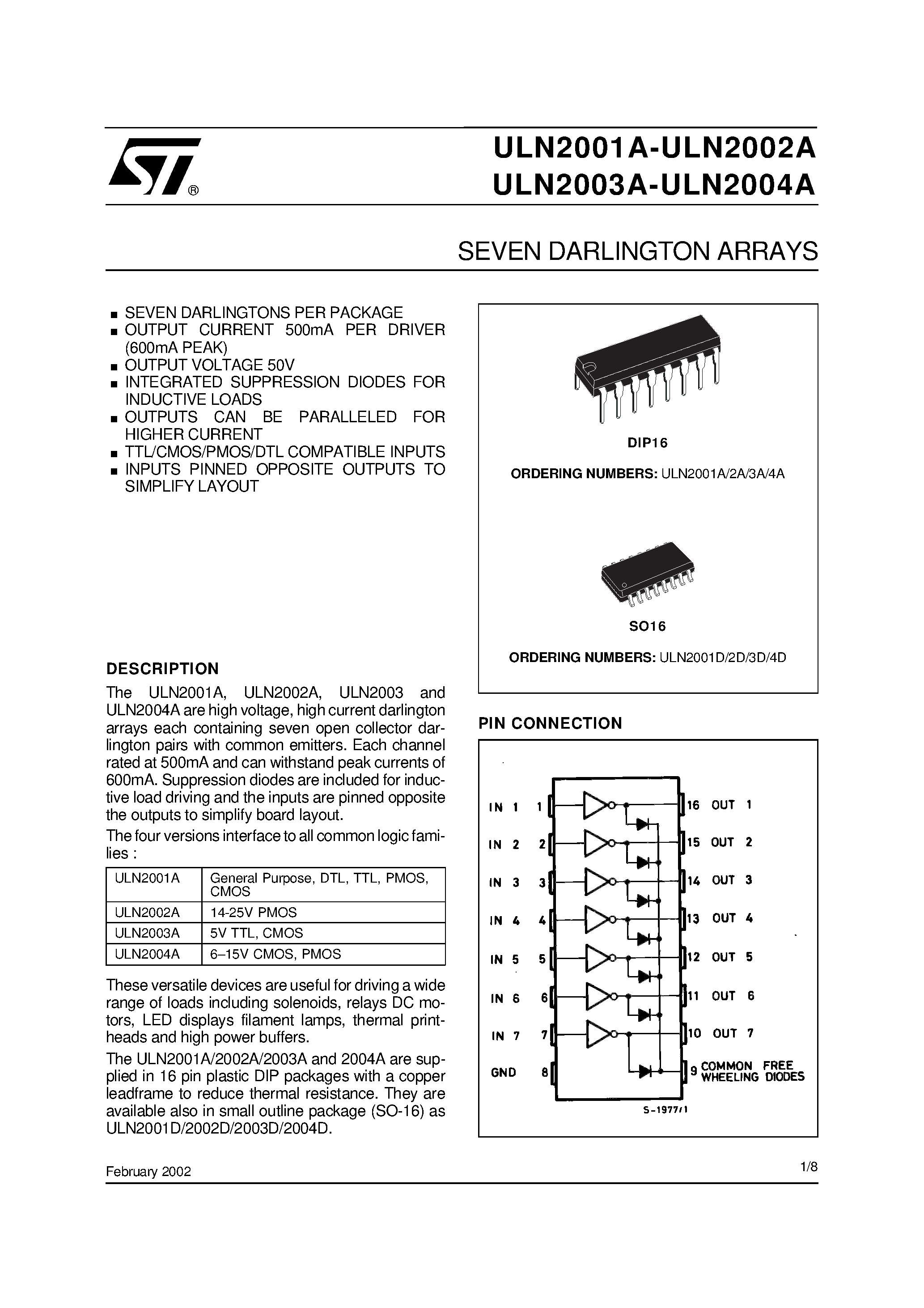 Даташит ULN2001 - SEVEN DARLINGTON ARRAYS страница 1