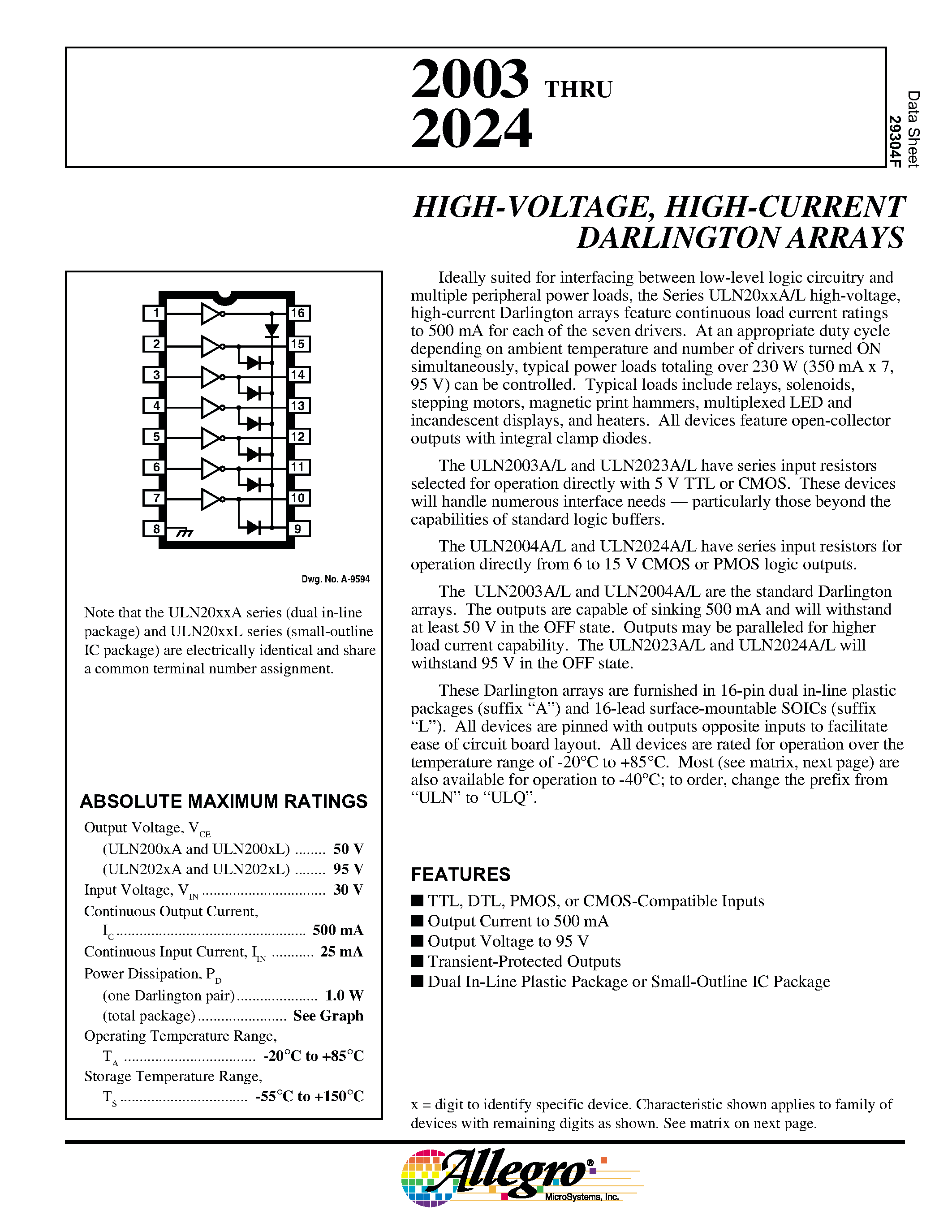 Даташит ULN2001 - HIGH-VOLTAGE/ HIGH-CURRENT DARLINGTON ARRAYS страница 1