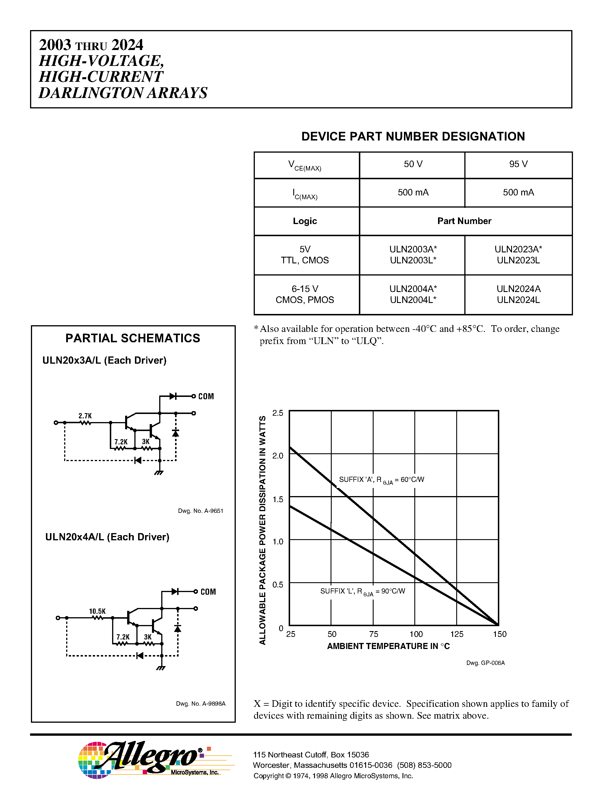 Даташит ULN2001 - HIGH-VOLTAGE/ HIGH-CURRENT DARLINGTON ARRAYS страница 2