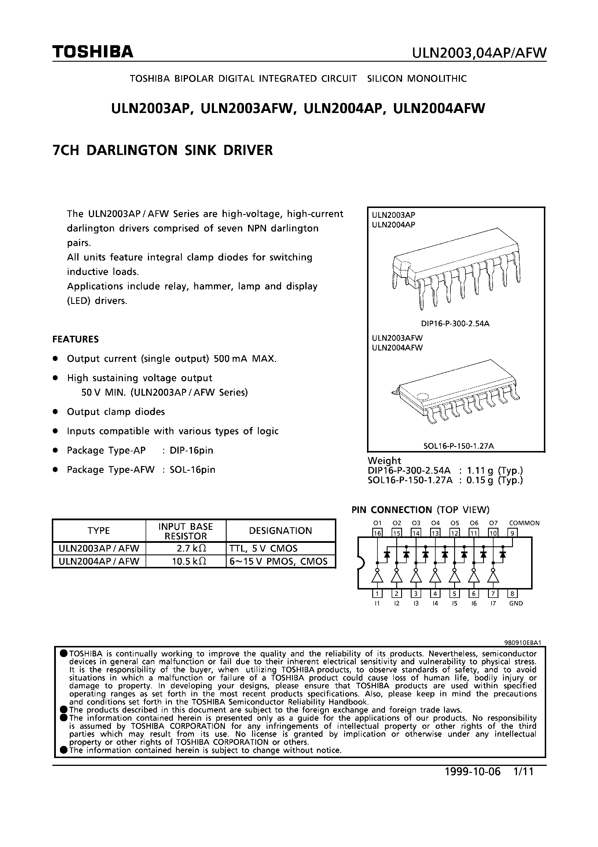 Даташит ULN2001 - 7CH DARLINGTON SINK DRIVER страница 1