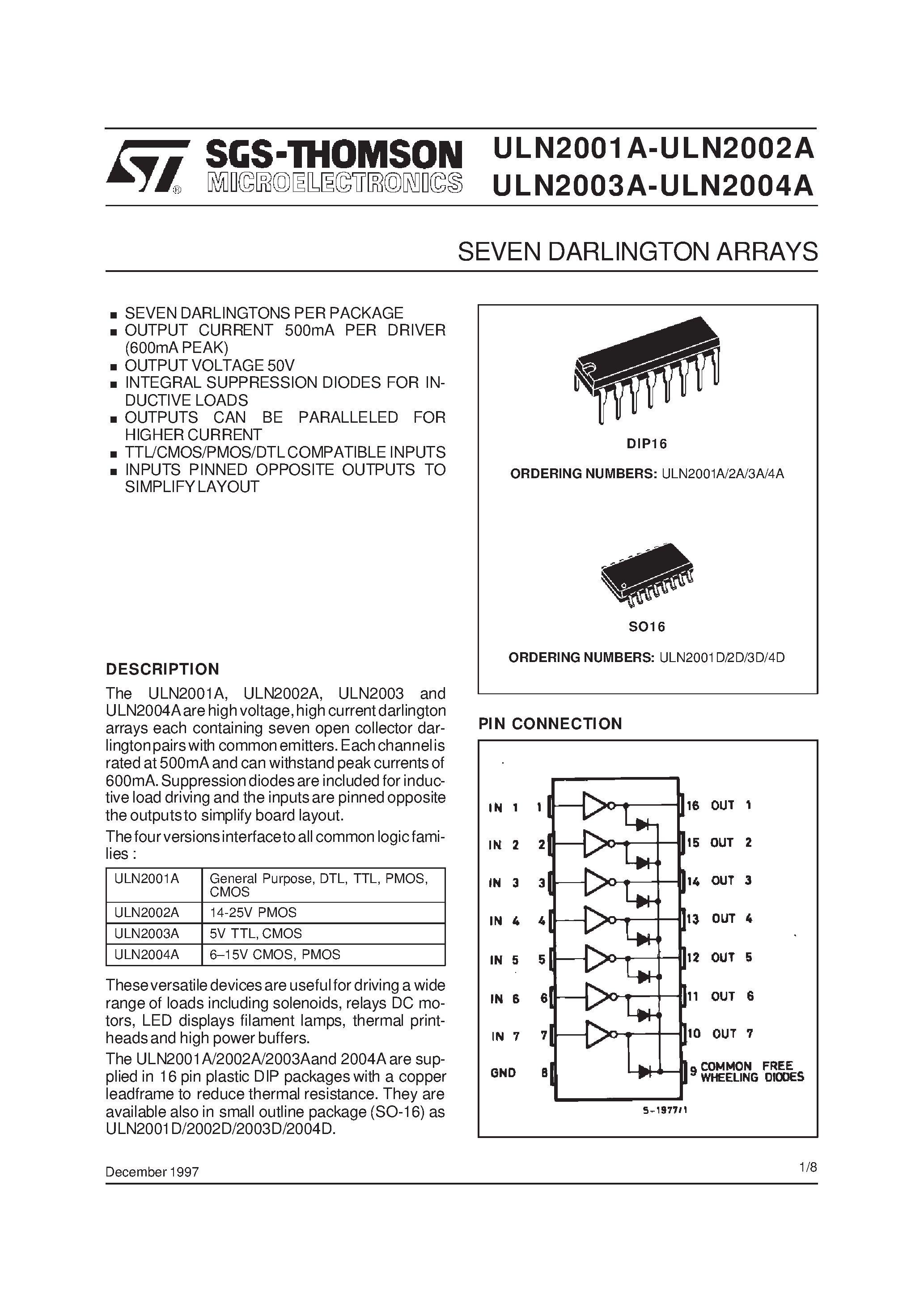 Datasheet ULN200X - SEVEN DARLINGTON ARRAYS page 1