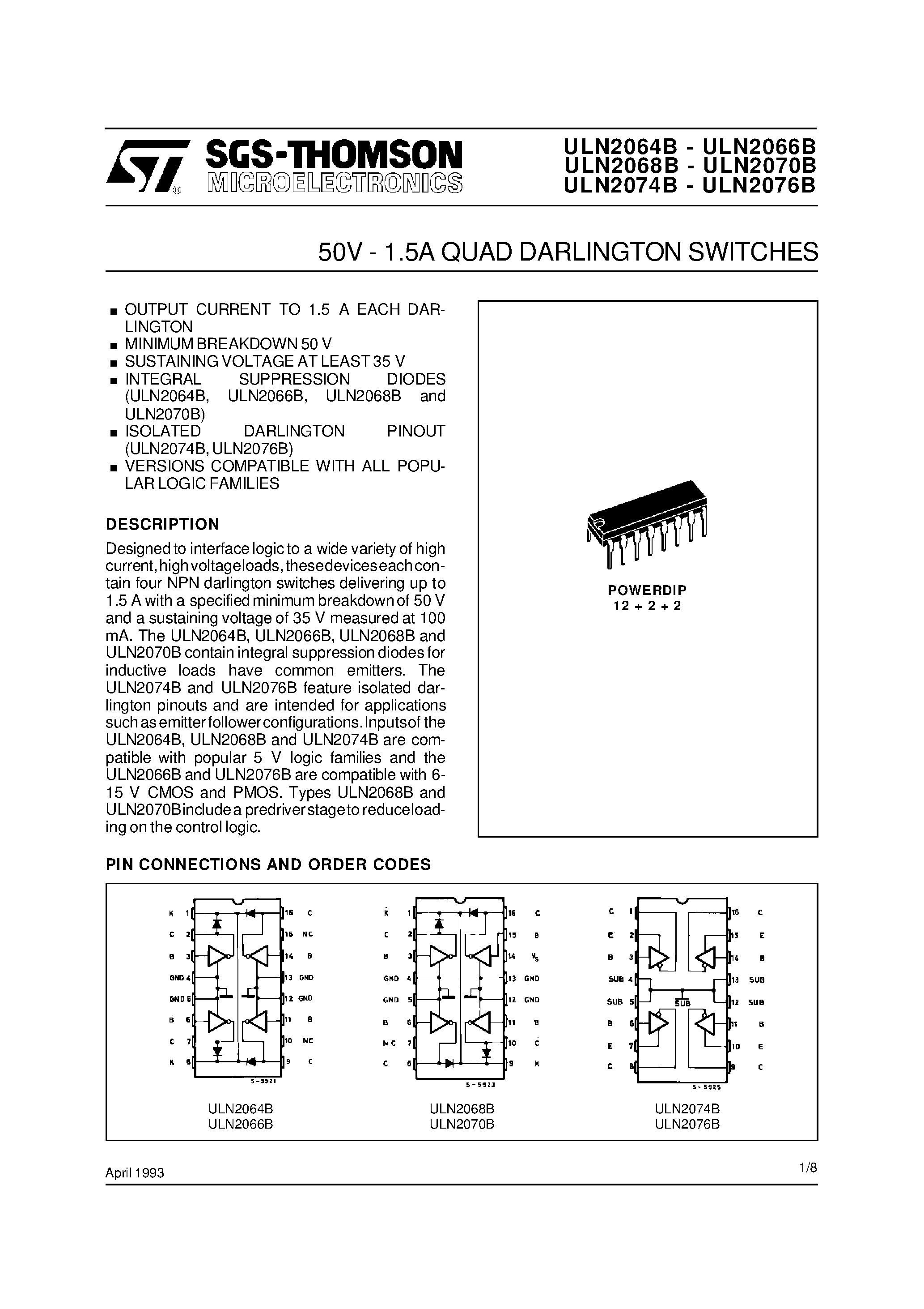Datasheet ULN2064 - 50V - 1.5A QUAD DARLINGTON SWITCHES page 1