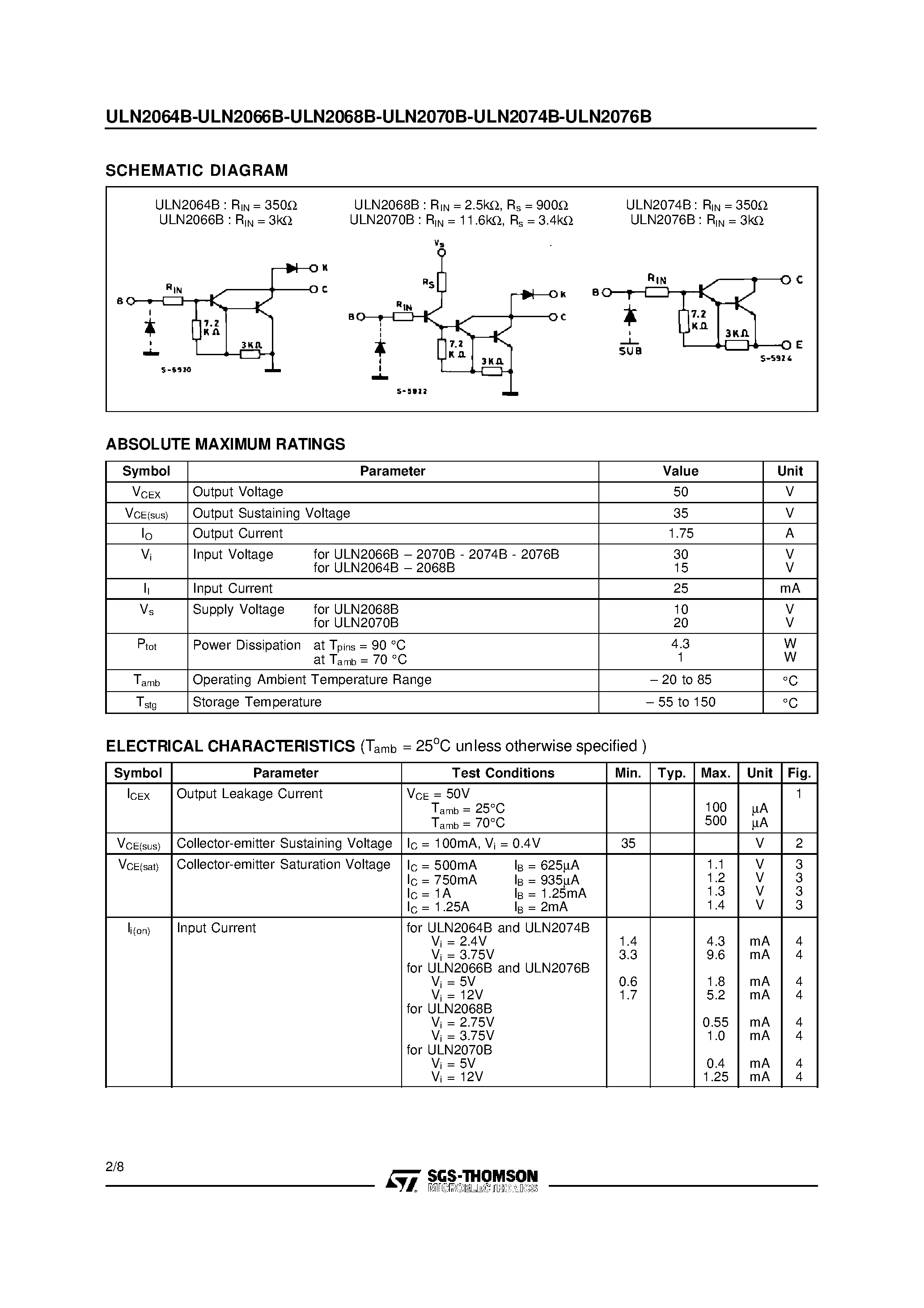 Datasheet ULN2064 - 50V - 1.5A QUAD DARLINGTON SWITCHES page 2