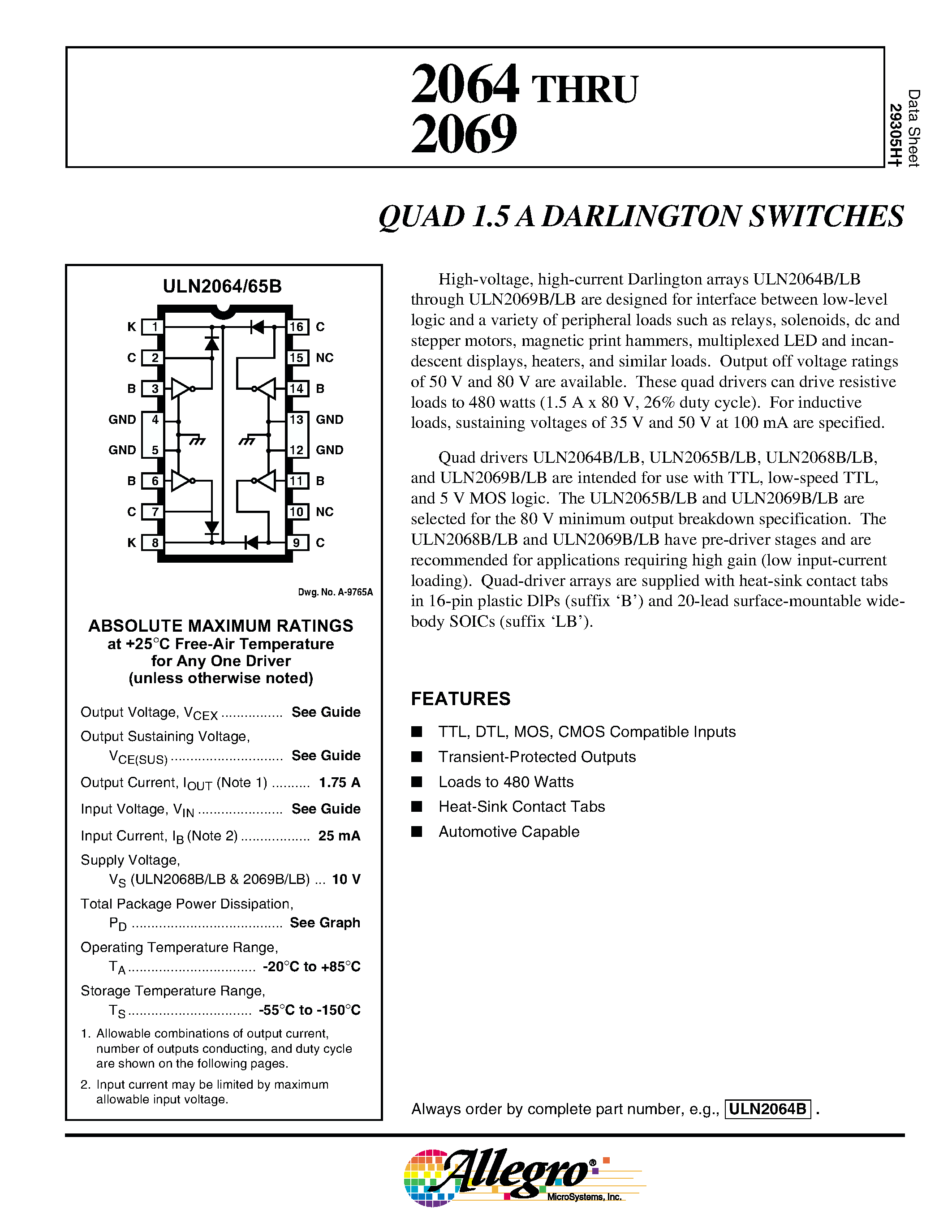 Datasheet ULN2064B - QUAD 1.5 A DARLINGTON SWITCHES page 1