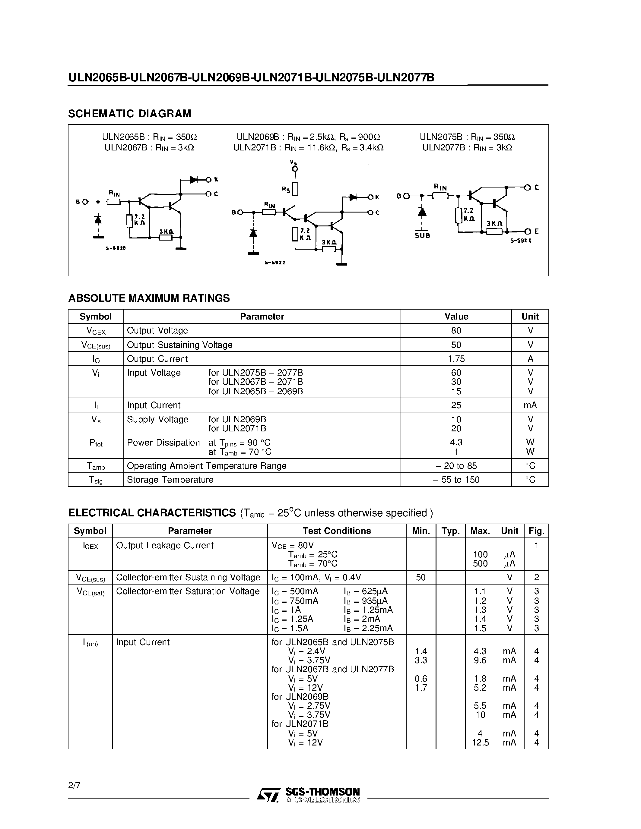 Datasheet ULN2065B - 80 V - 1.5 A QUAD DARLINGTON SWITCHES page 2