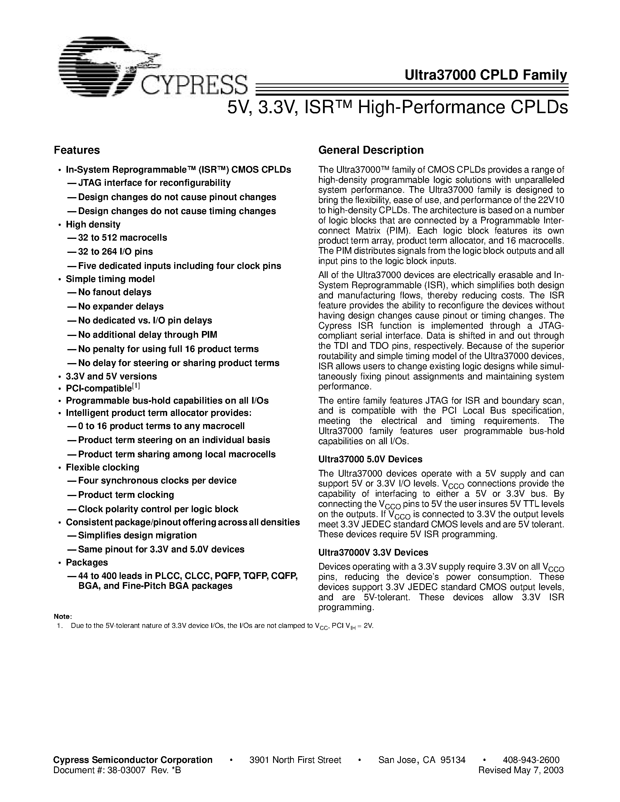 Даташит ULTRA37000 - 5V/ 3.3V/ ISR High-Performance CPLDs страница 1