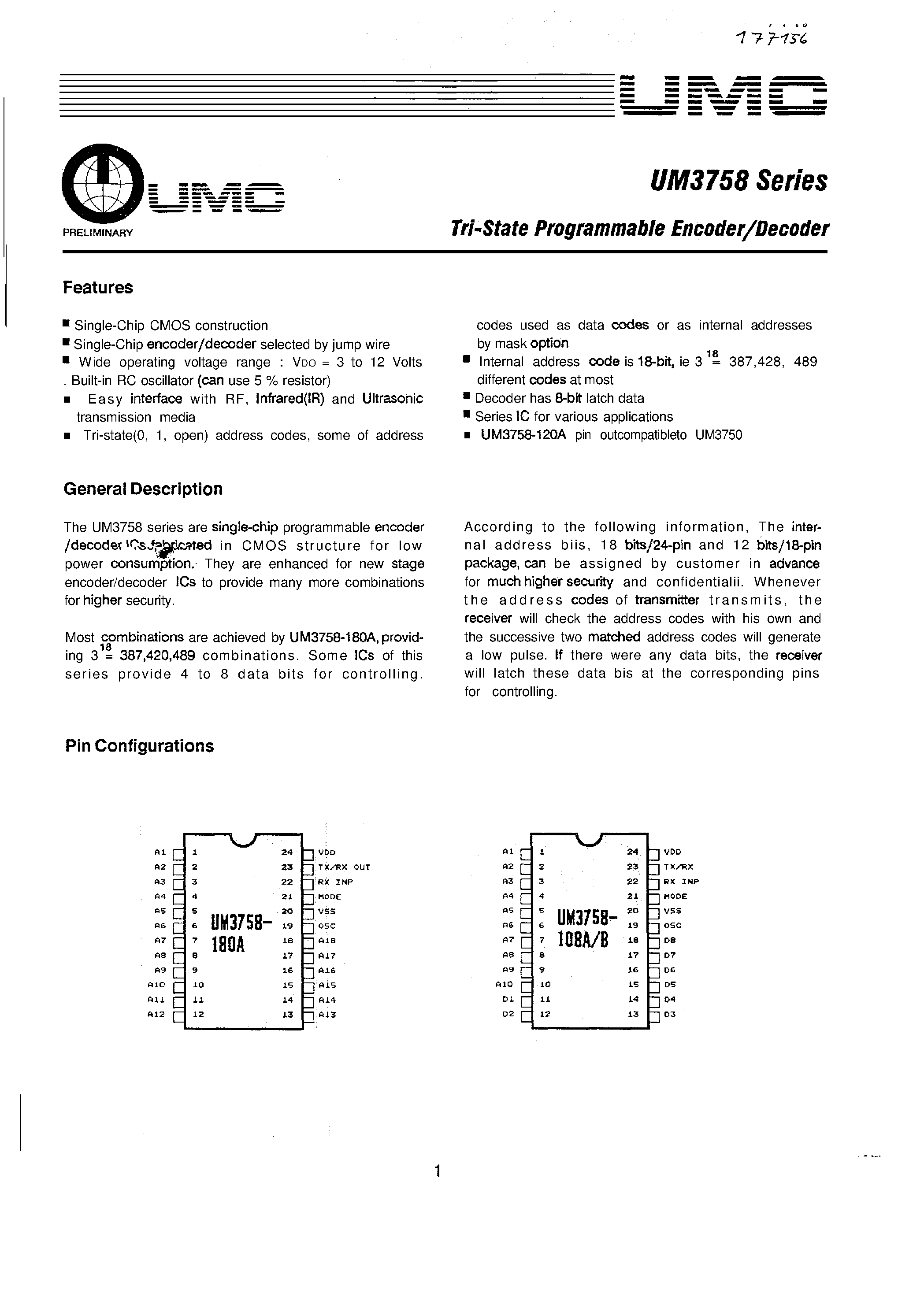 Даташит UM375-084A - TRi-STATE ProgrammaBle Encoder/Decoder страница 1