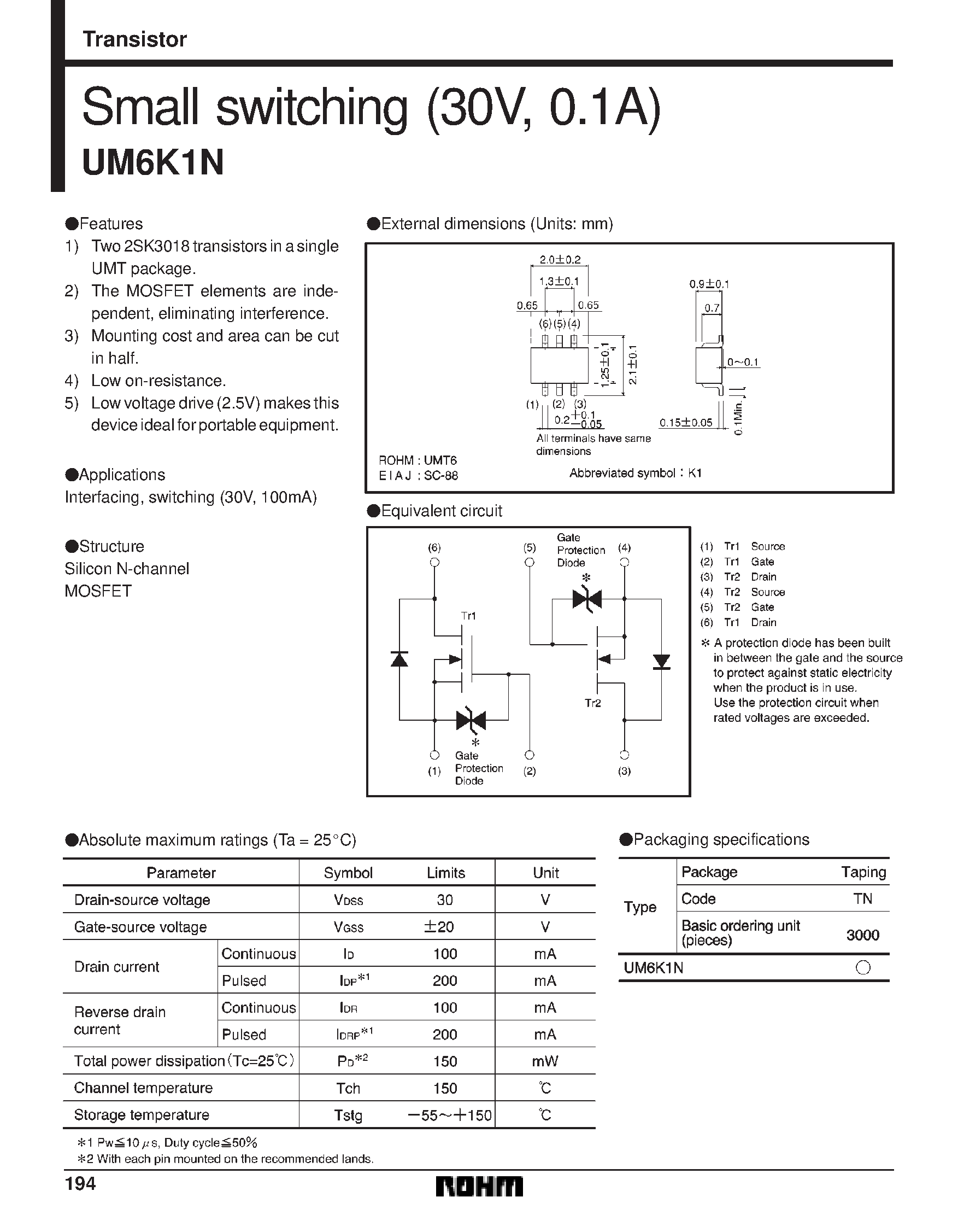 Datasheet UM6K1 - Small switching (30V/ 0.1A) page 1