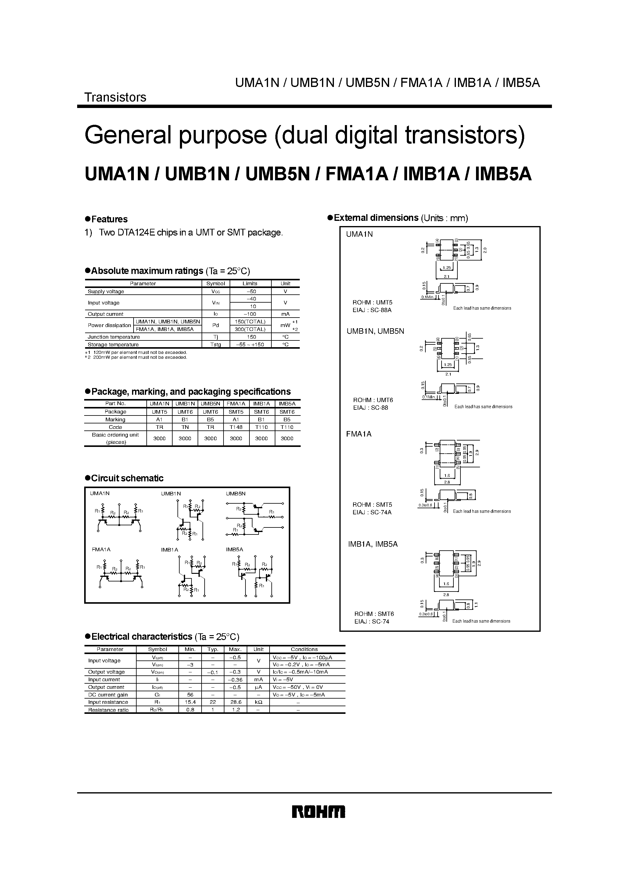 Даташит UMA1N - General purpose (dual digital transistors) страница 1