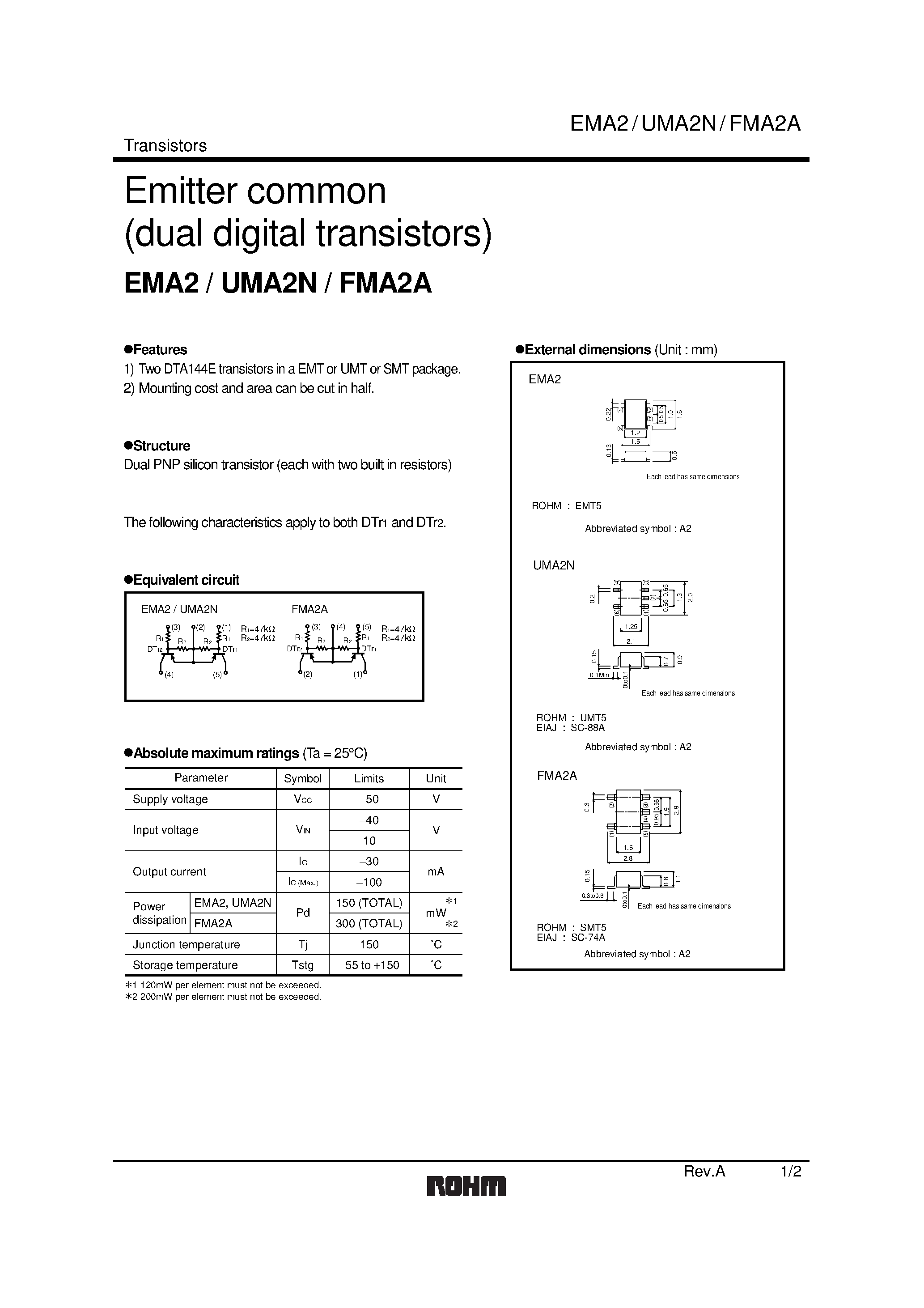 Даташит UMA2N - Emitter common (dual digital transistors) страница 1