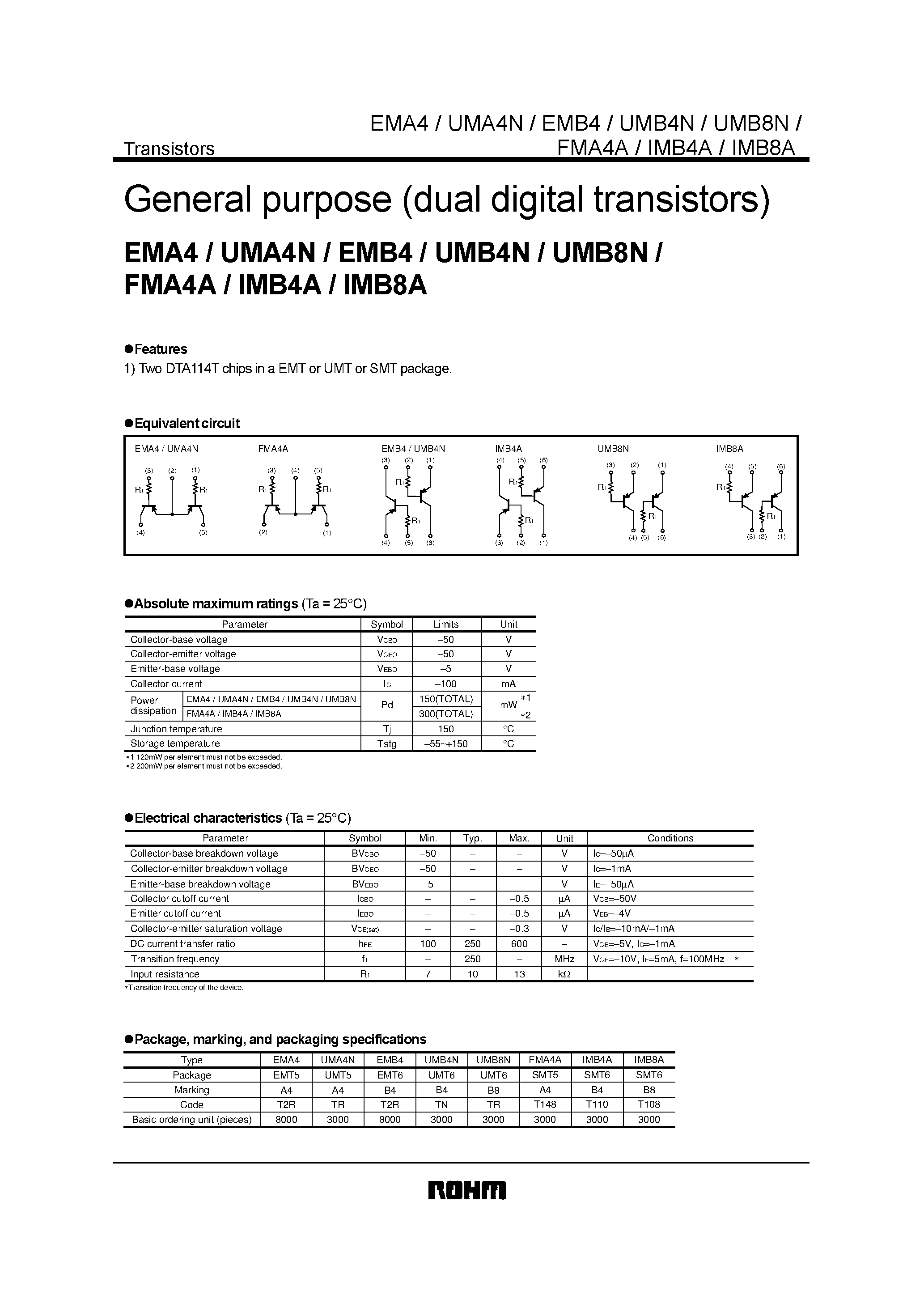 Даташит UMA4N - General purpose (dual digital transistors) страница 1