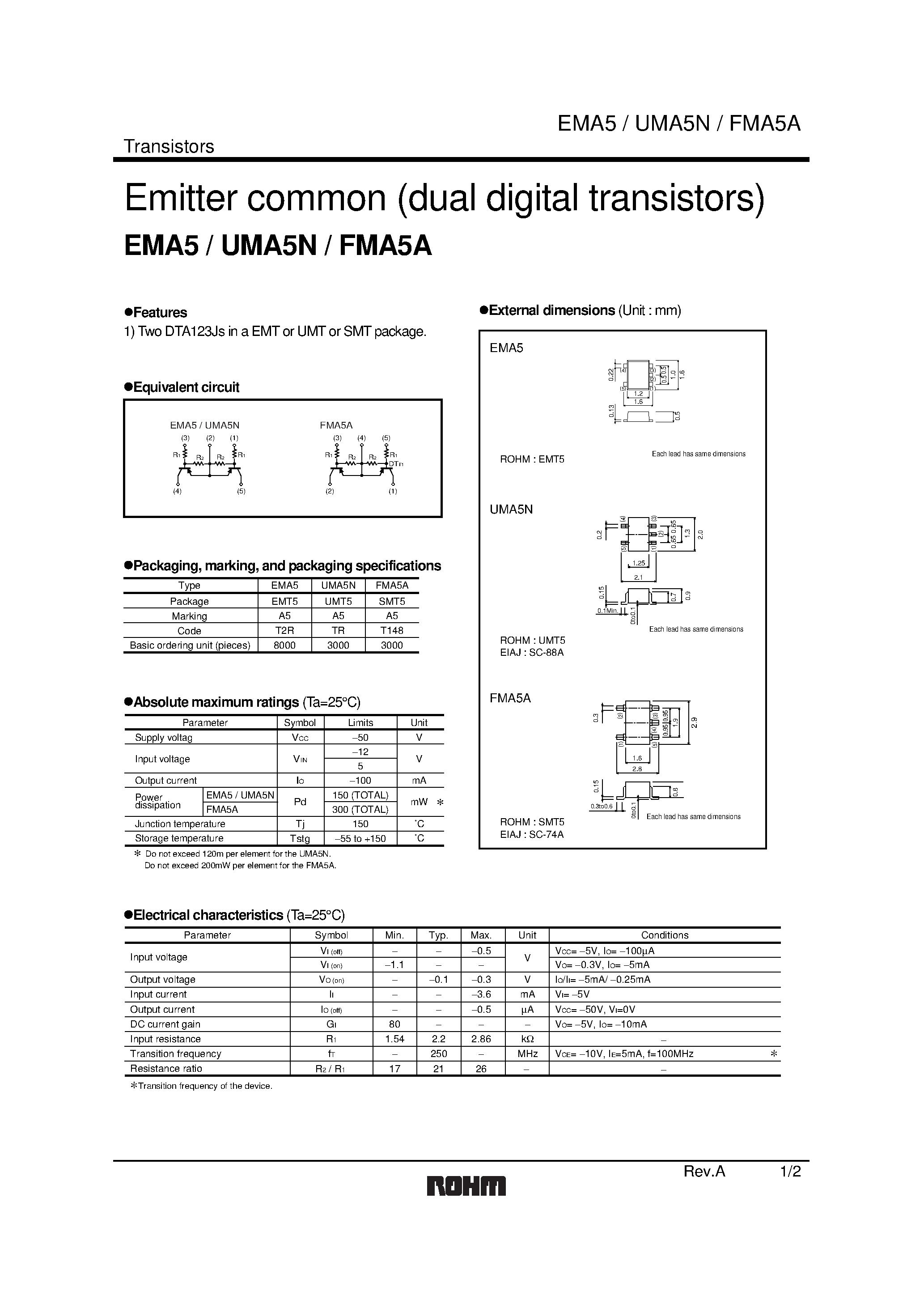 Даташит UMA5N - Emitter common (dual digital transistors) страница 1