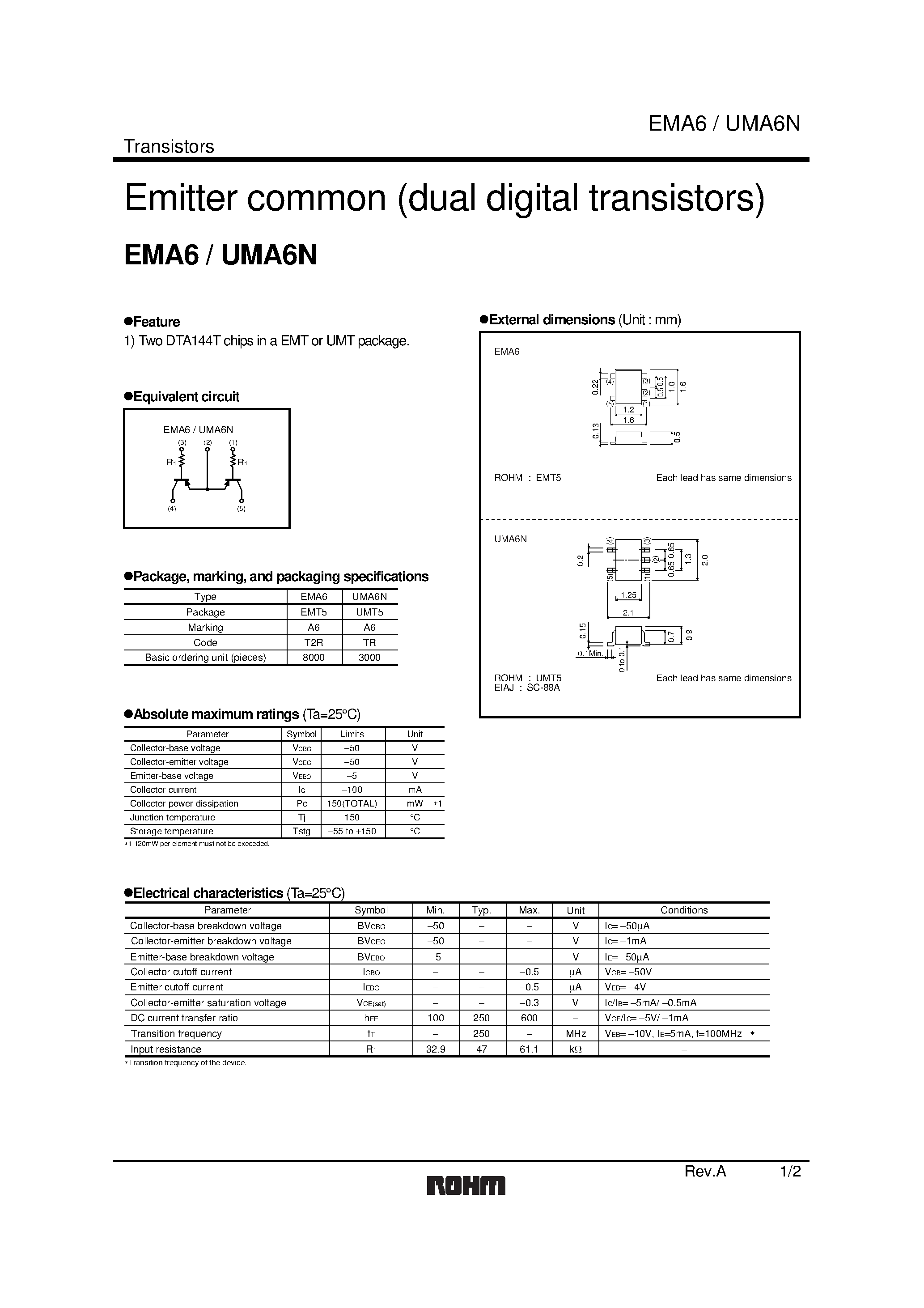 Даташит UMA6N - Emitter common (dual digital transistors) страница 1