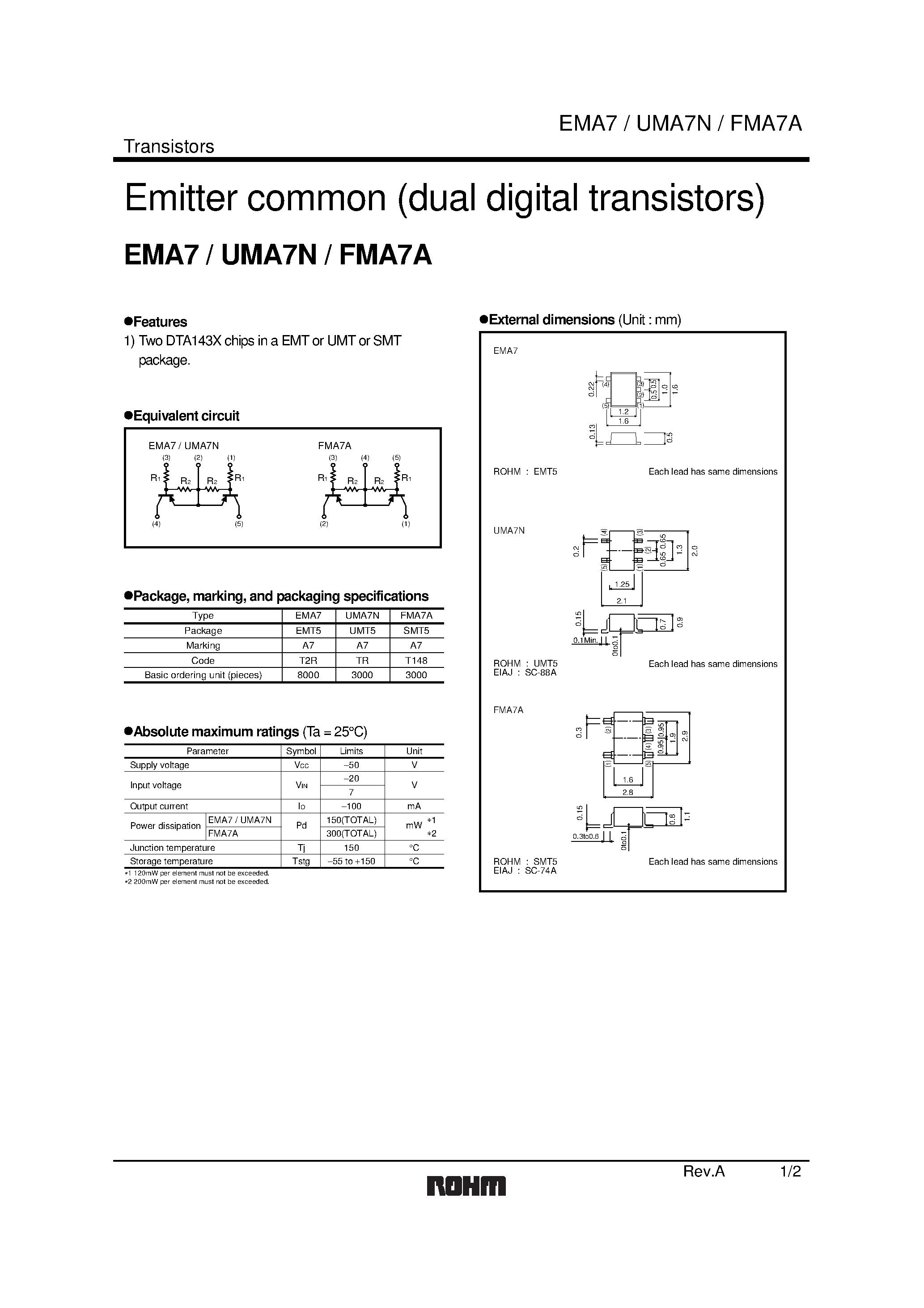 Даташит UMA7N - Emitter common (dual digital transistors) страница 1