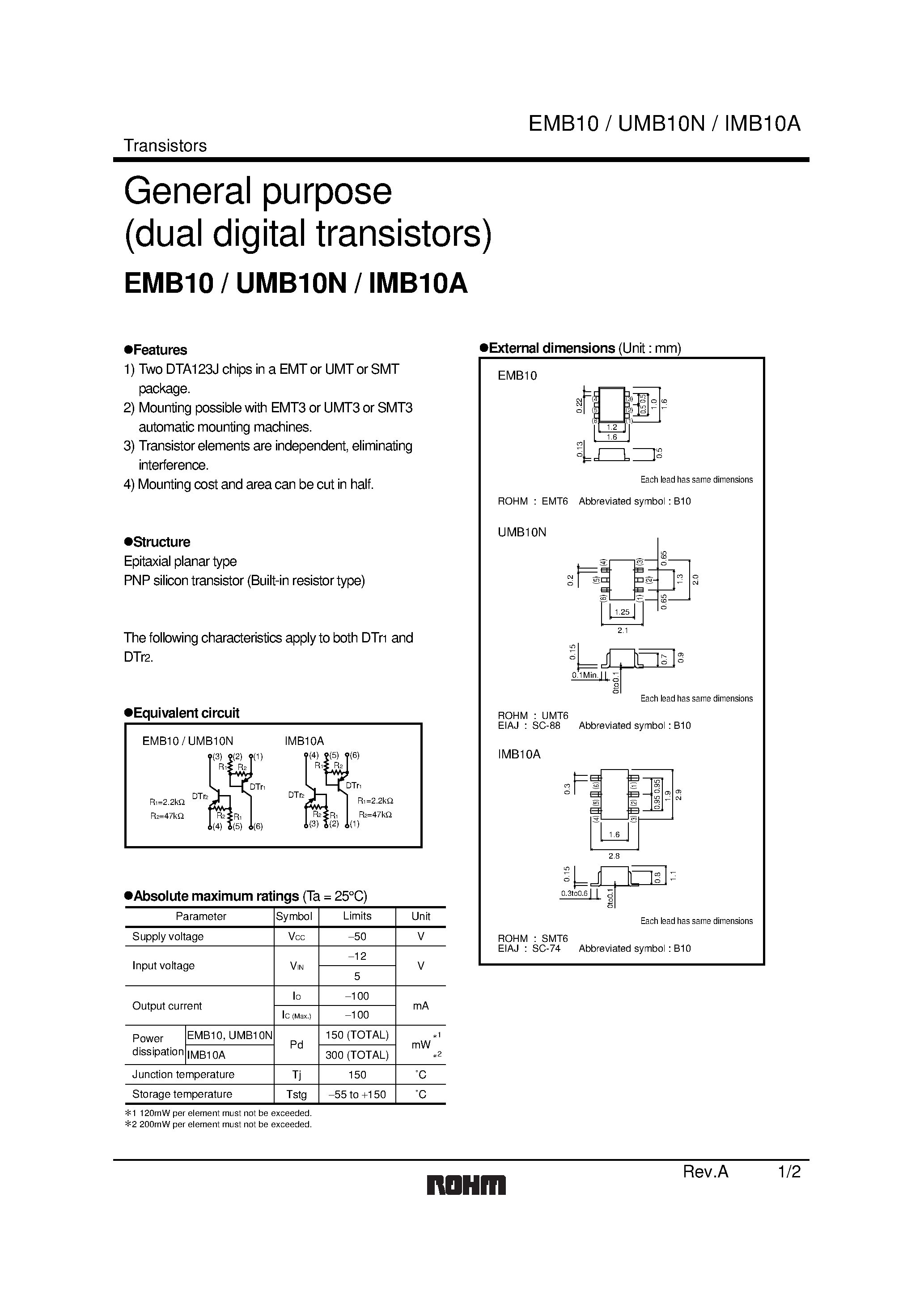 Даташит UMB10N - General purpose (dual digital transistors) страница 1