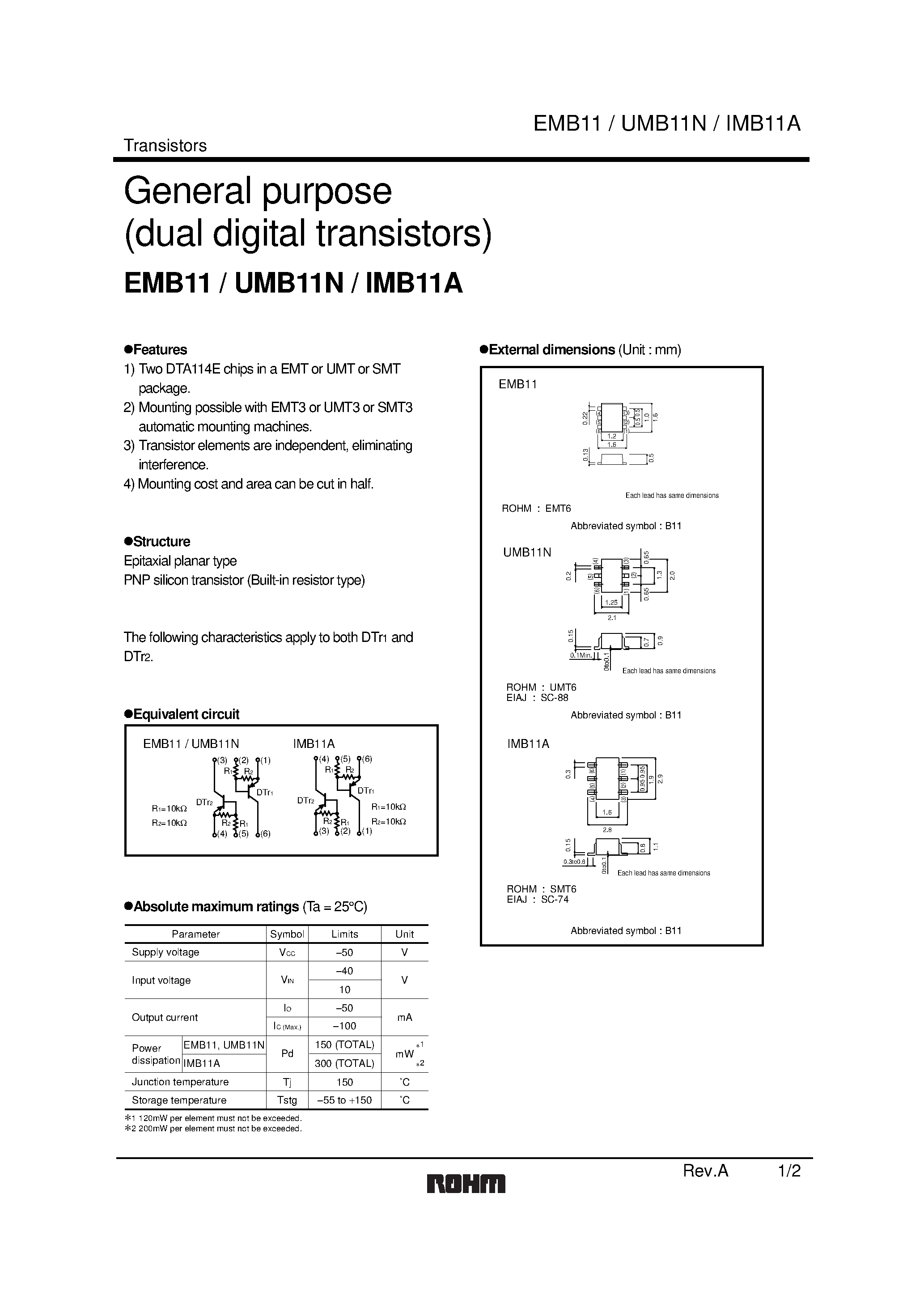 Даташит UMB11N - General purpose (dual digital transistors) страница 1