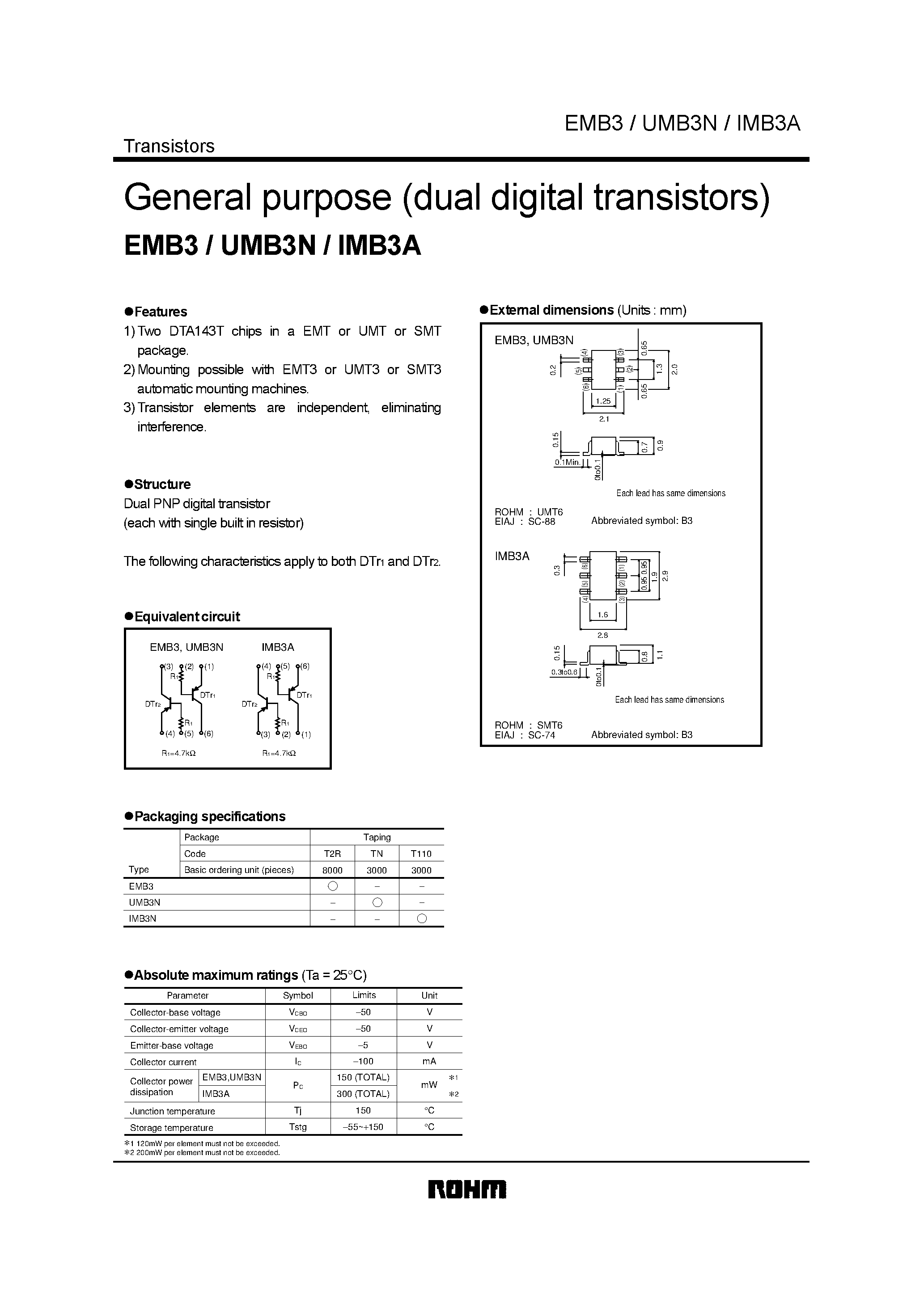 Даташит UMB3N - General purpose (dual digital transistors) страница 1