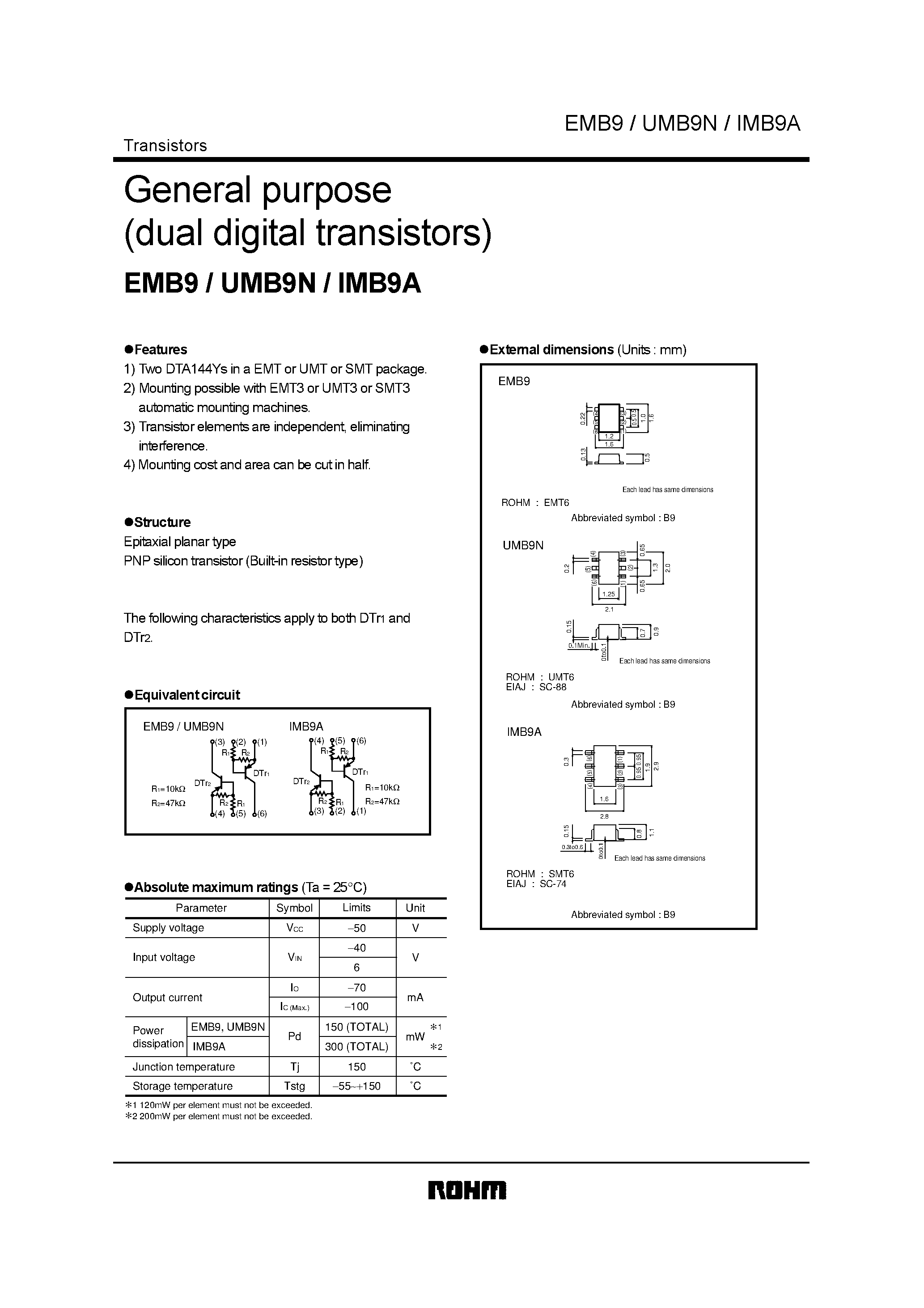 Даташит UMB9N - General purpose dual digital transistors страница 1