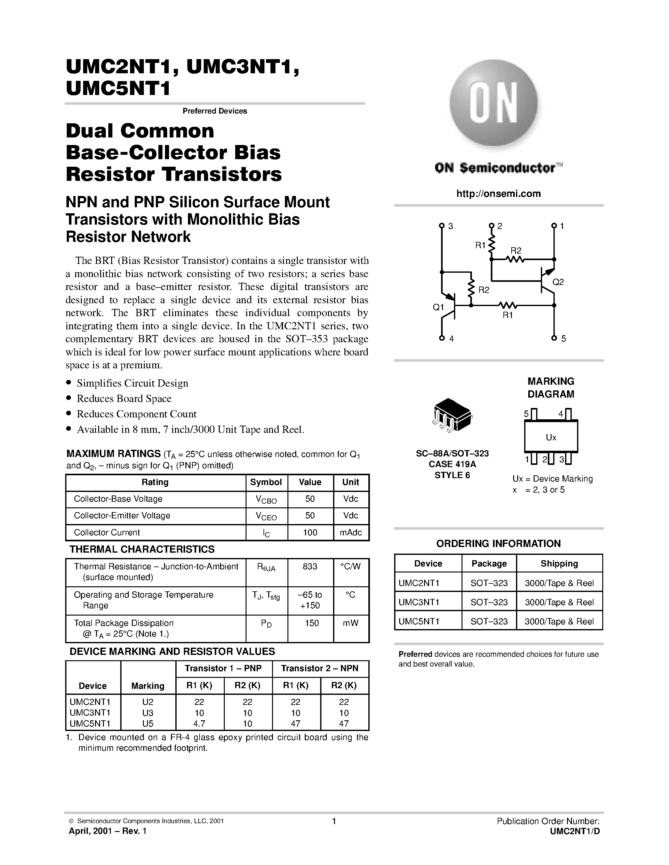 Даташит UMC2NT1 - Dual Common Base-Collector Bias Resistor Transistors страница 1