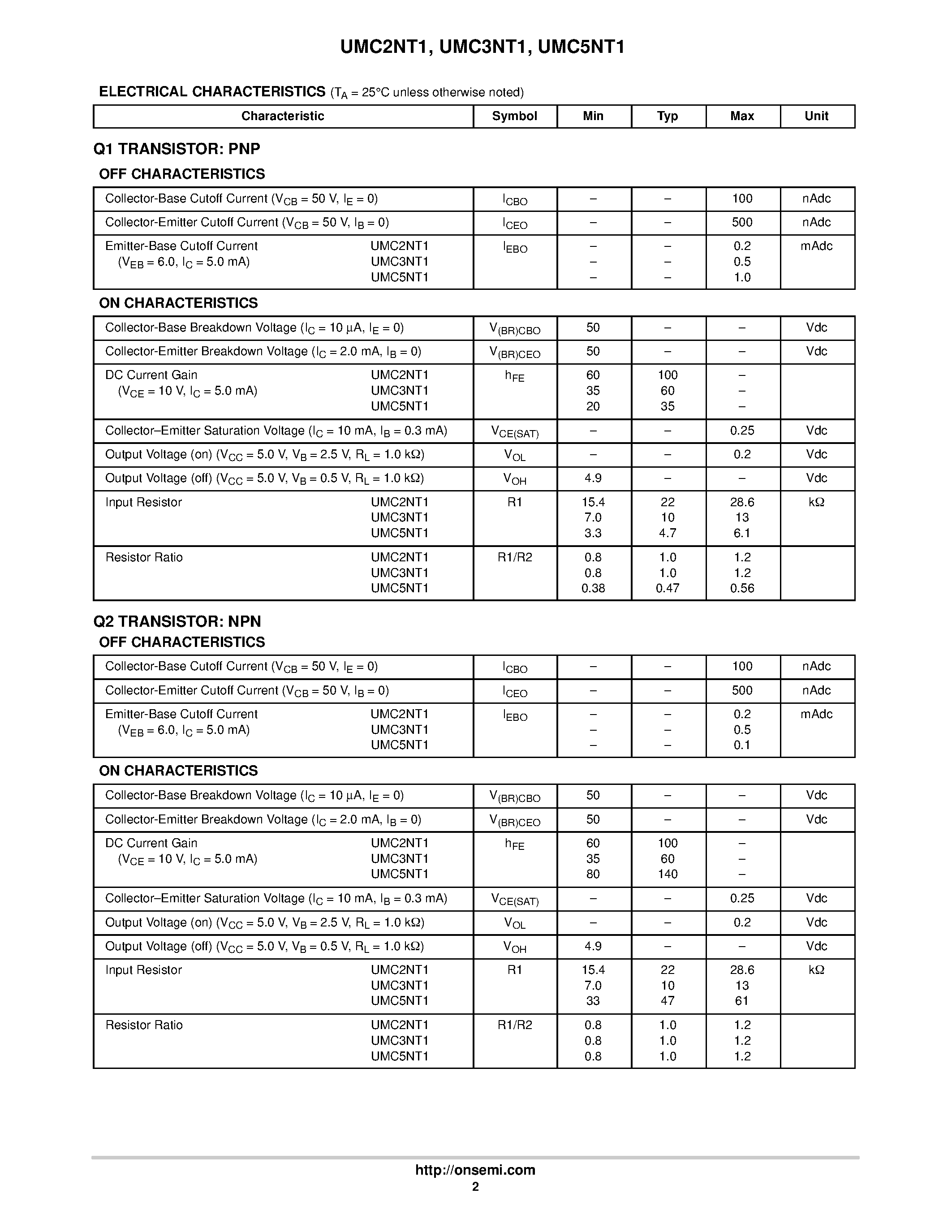 Даташит UMC2NT1 - Dual Common Base-Collector Bias Resistor Transistors страница 2