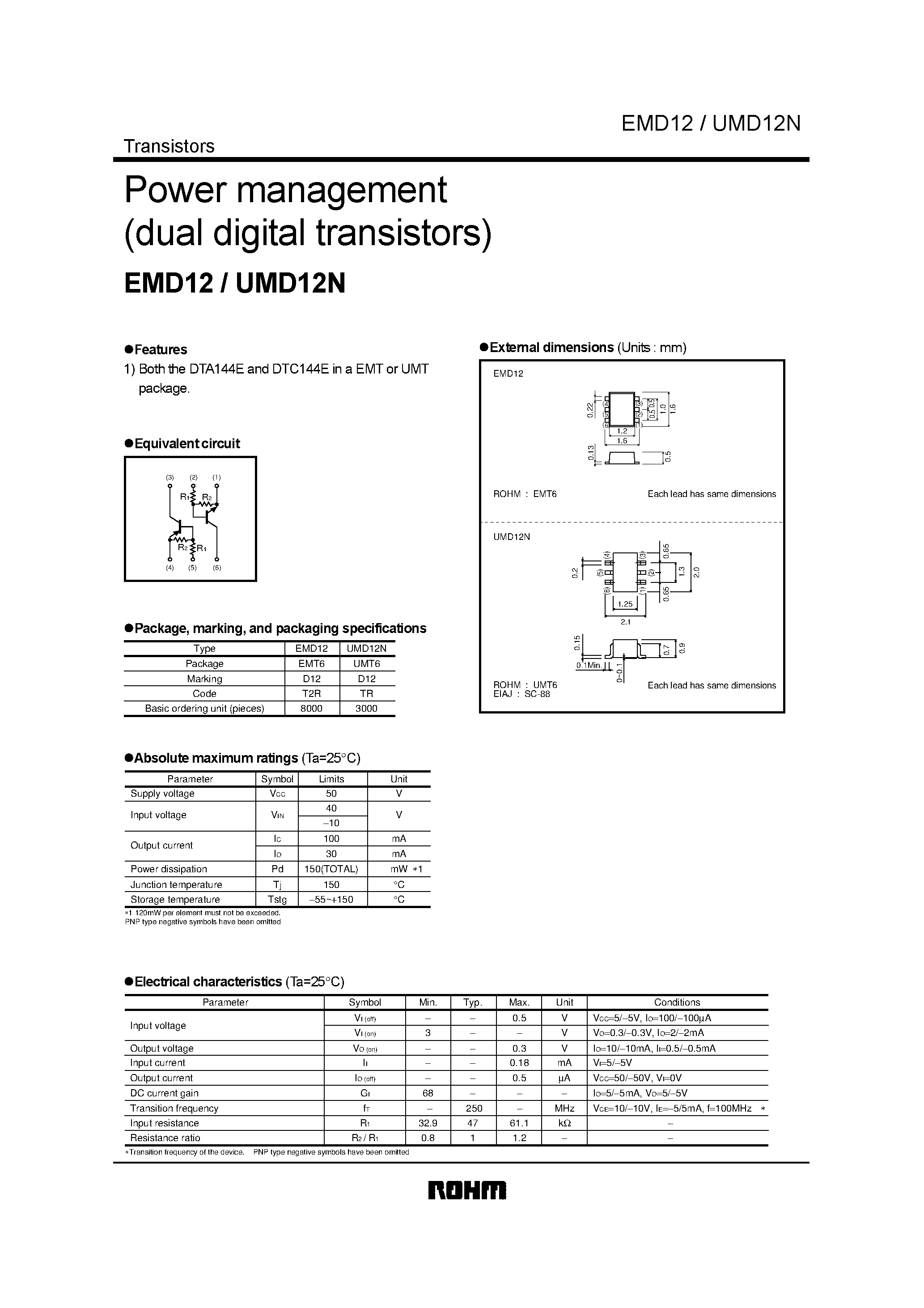 Даташит UMD12N - Power management (dual digital transistors) страница 1