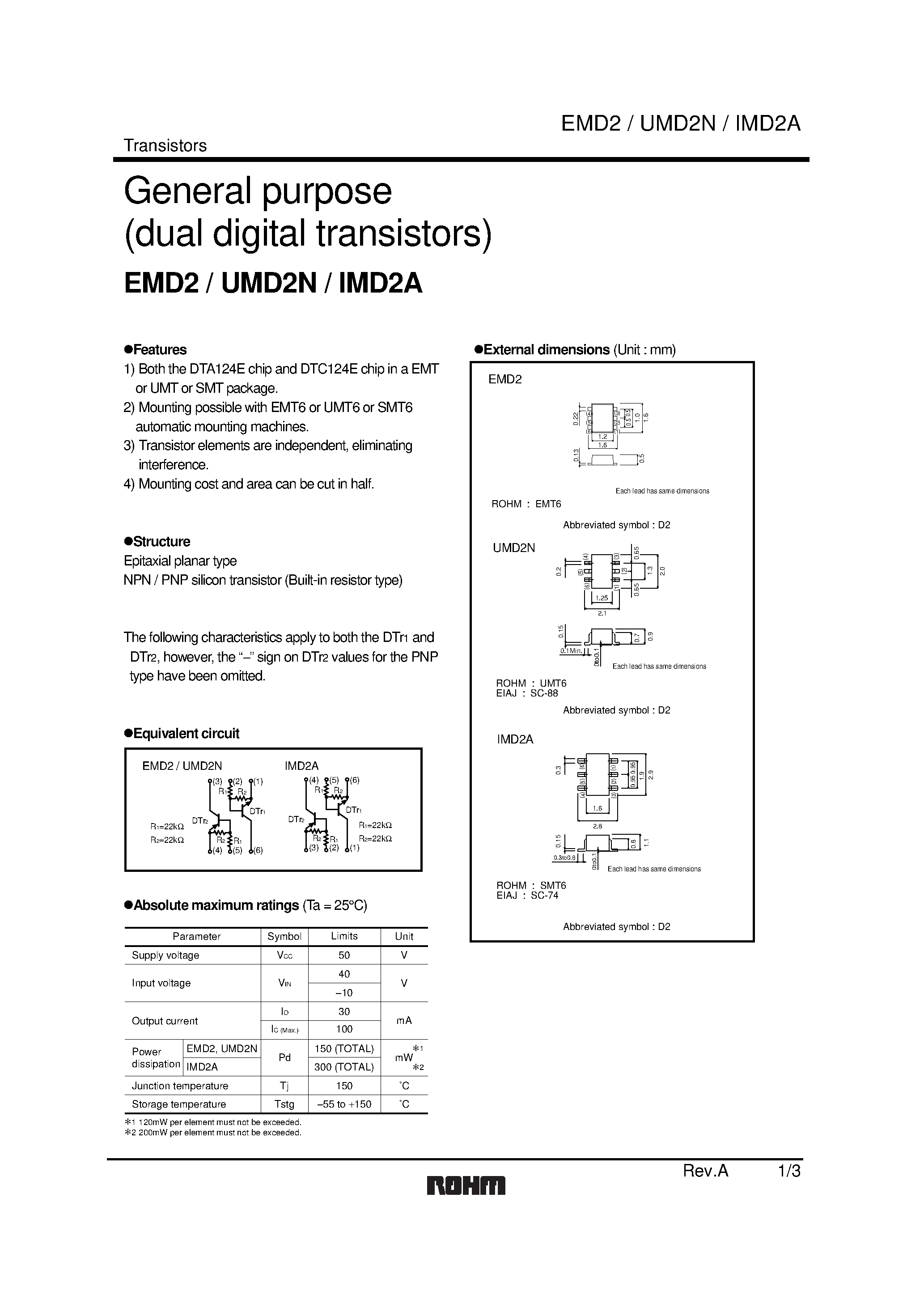 Даташит UMD2N - General purpose (dual digital transistors) страница 1