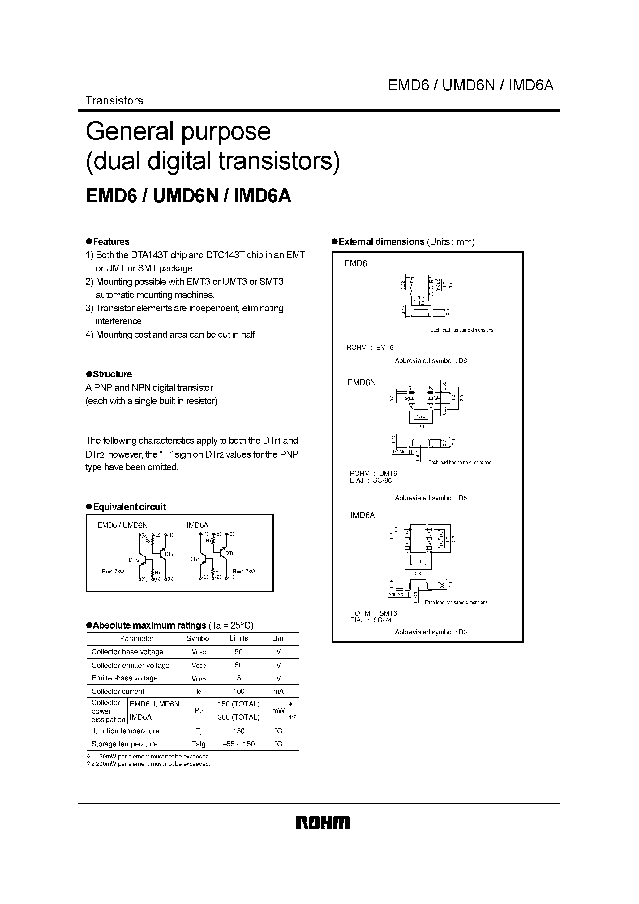 Даташит UMD6N - General purpose (dual digital transistors) страница 1