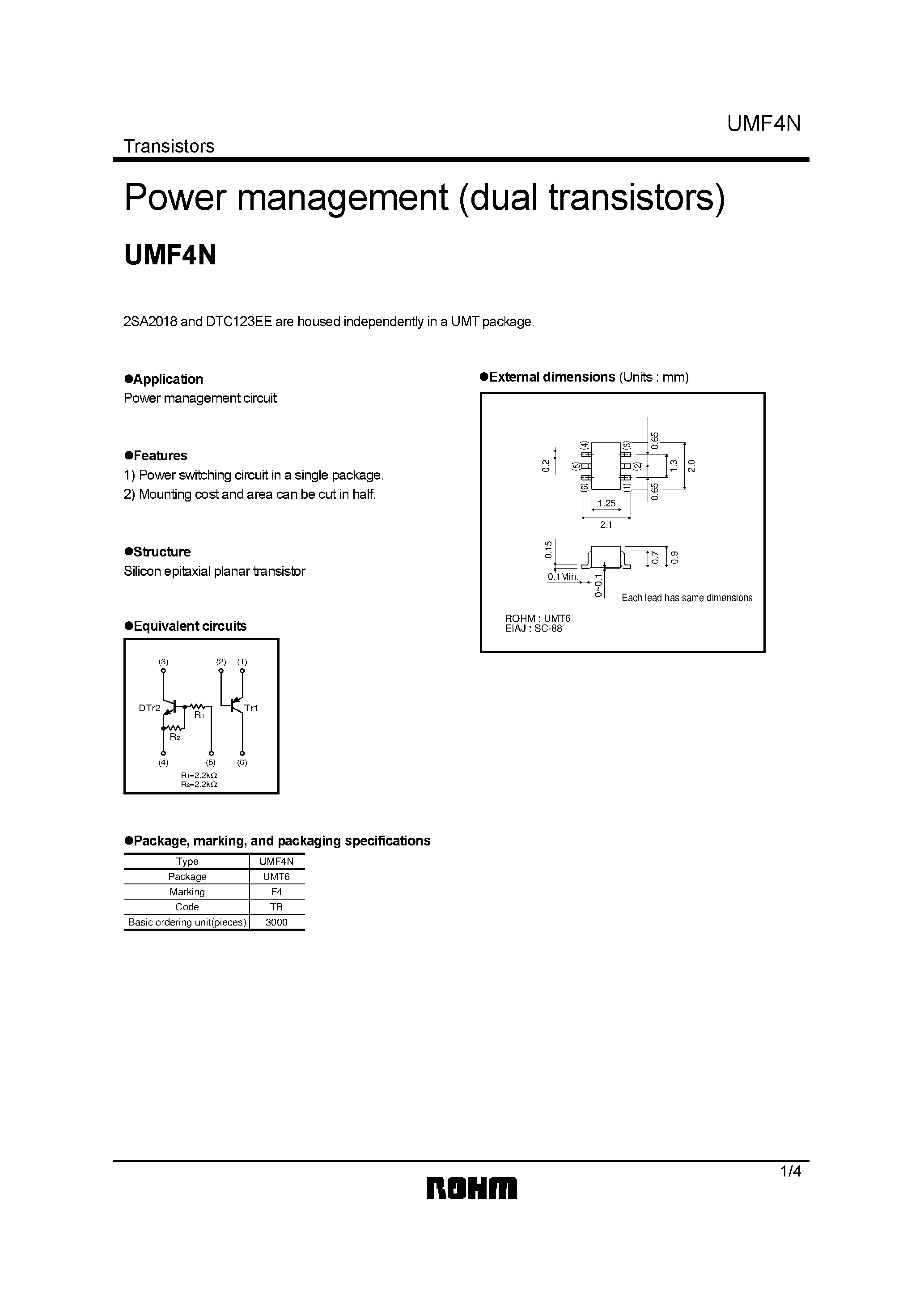 Даташит UMF4N - Power management (dual transistors) страница 1