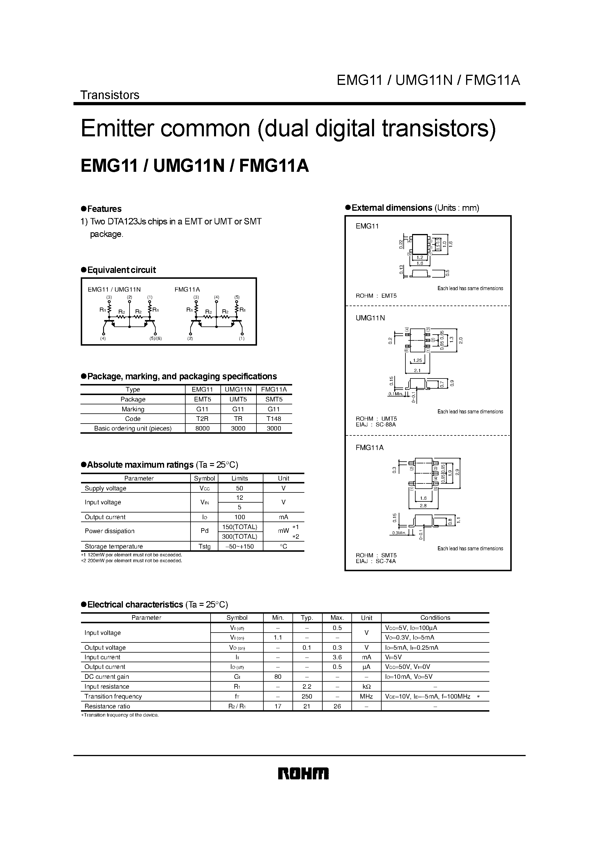 Даташит UMG11N - Emitter common (dual digital transistors) страница 1