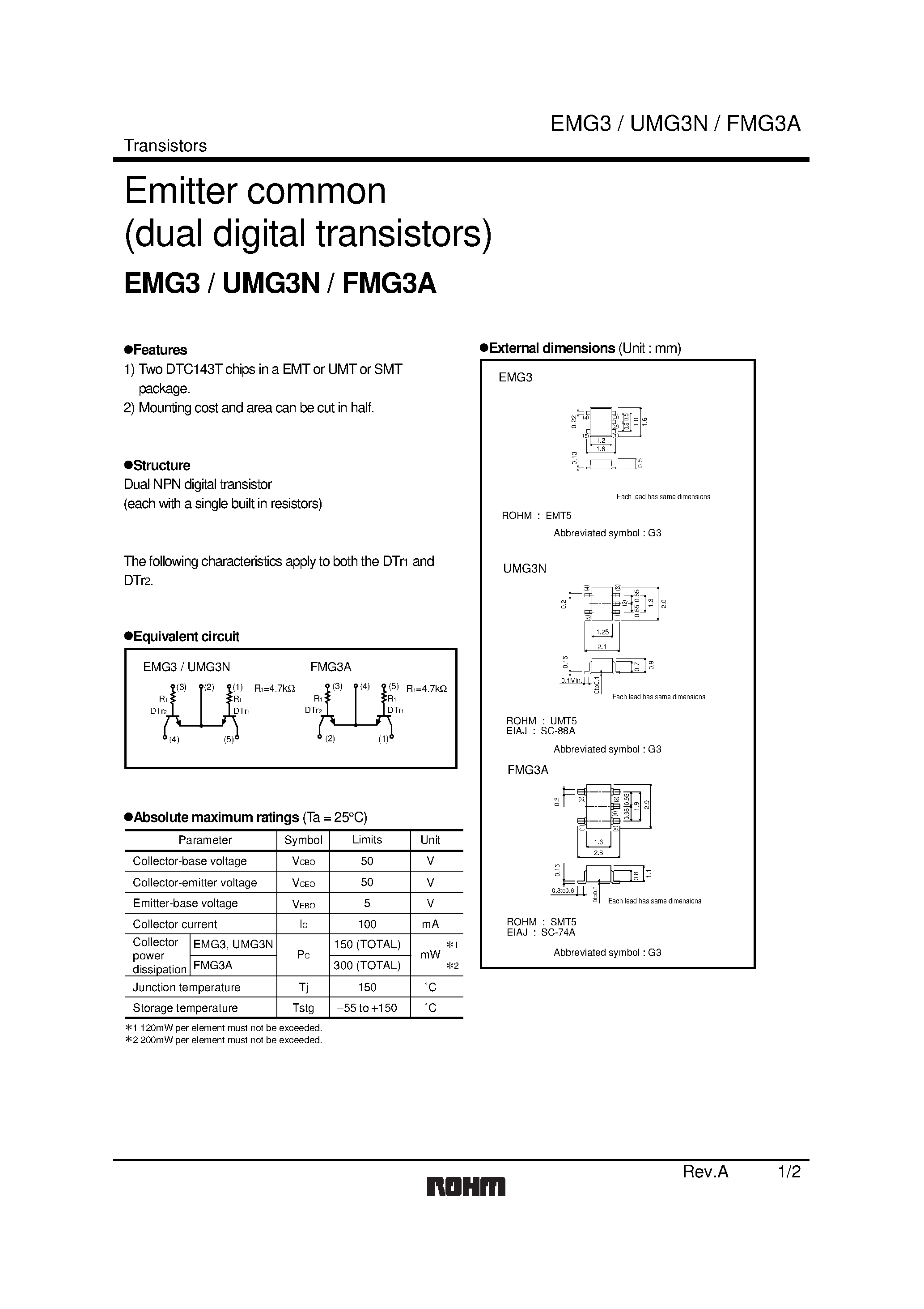 Даташит UMG3N - Emitter common (dual digital transistors) страница 1