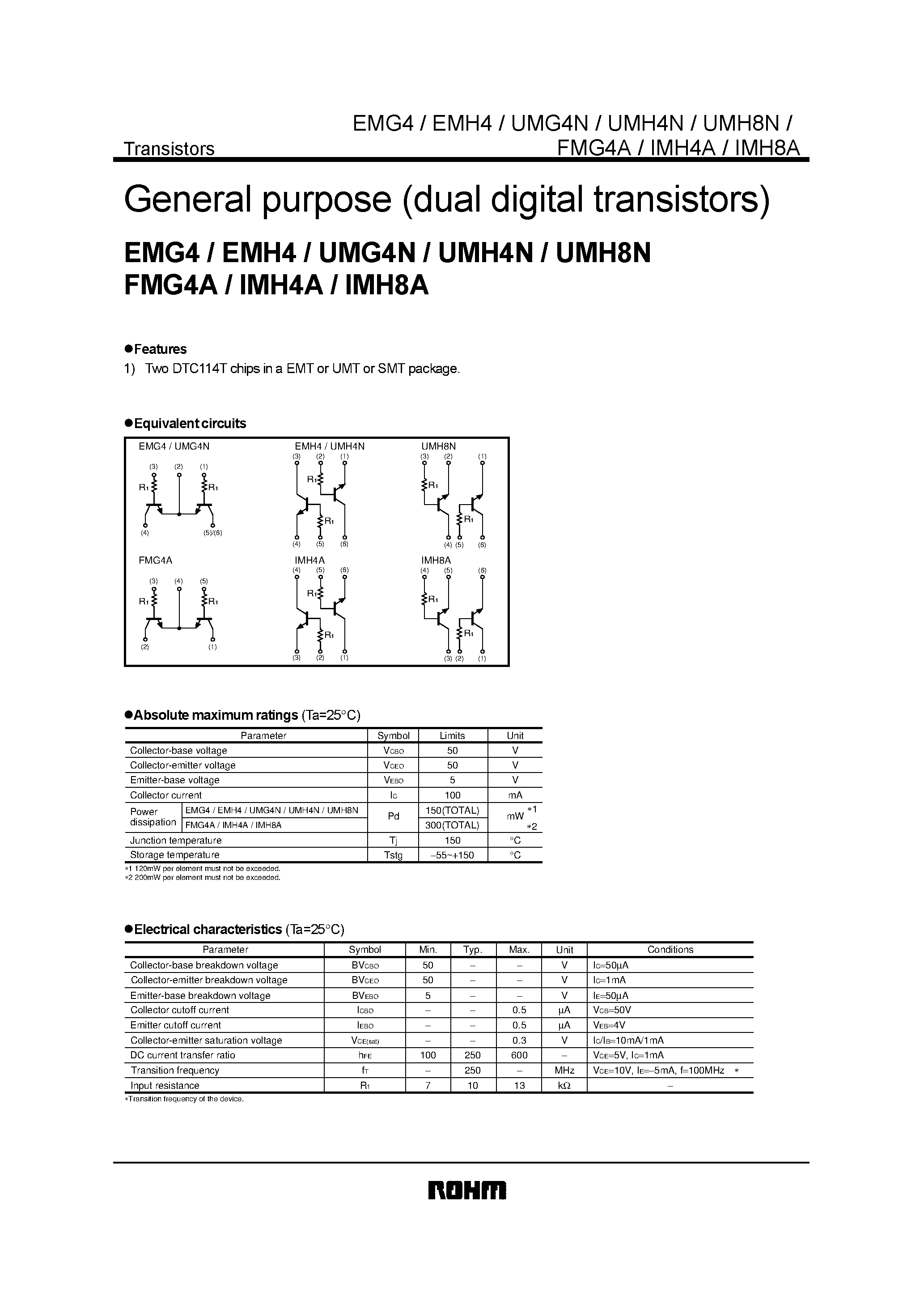 Даташит UMG4N - General purpose (dual digital transistors) страница 1