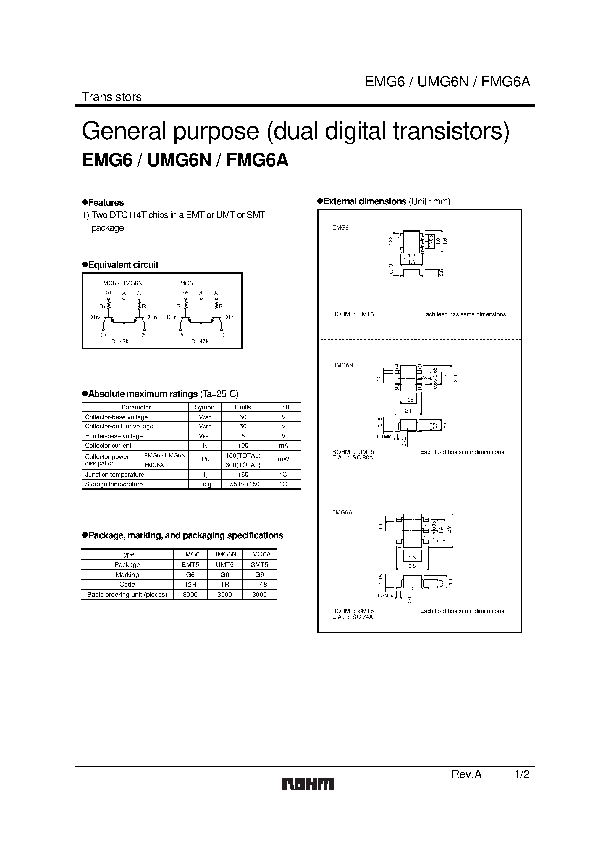 Даташит UMG6N - General purpose (dual digital transistors) страница 1