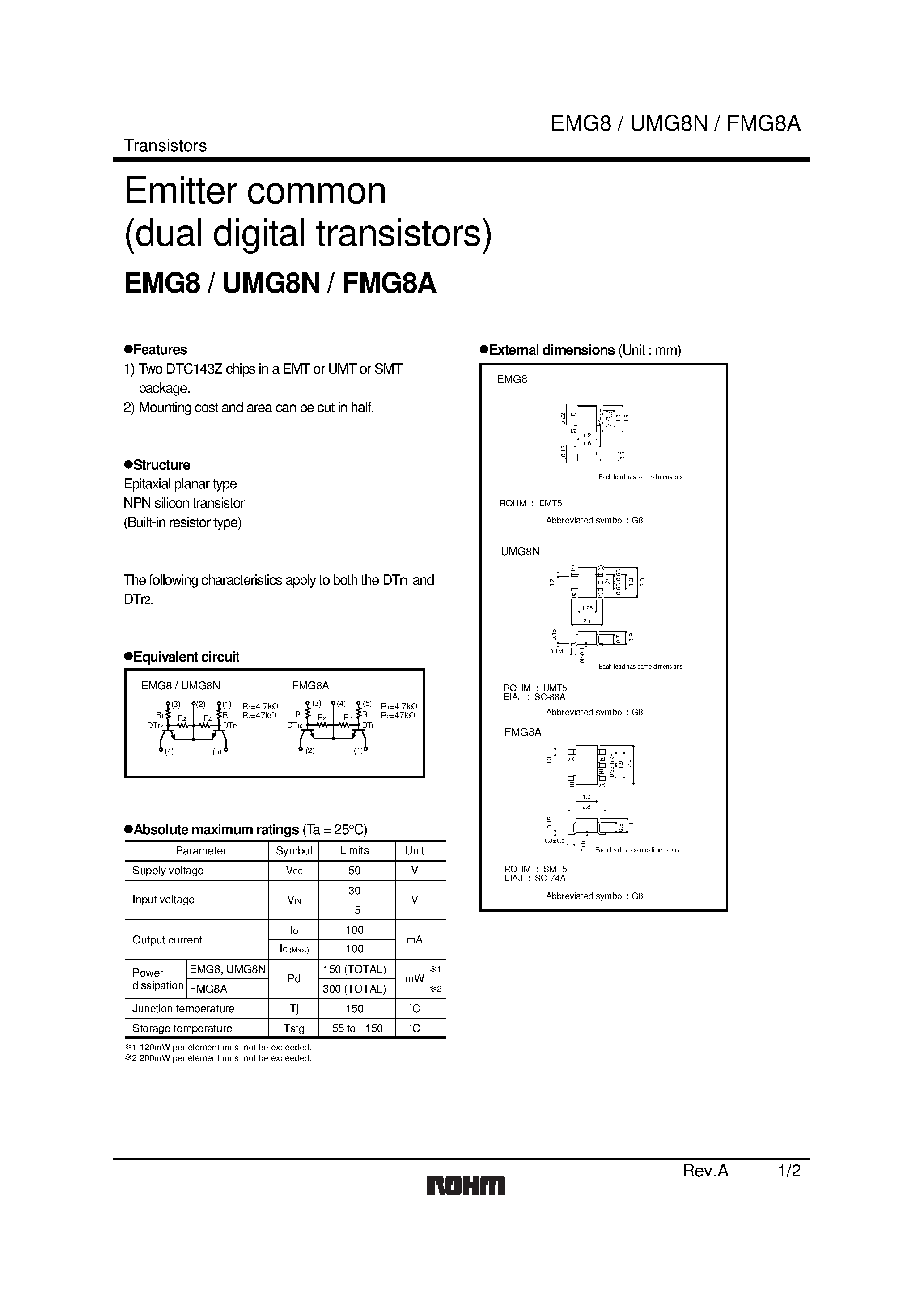 Даташит UMG8N - Emitter common (dual digital transistors) страница 1