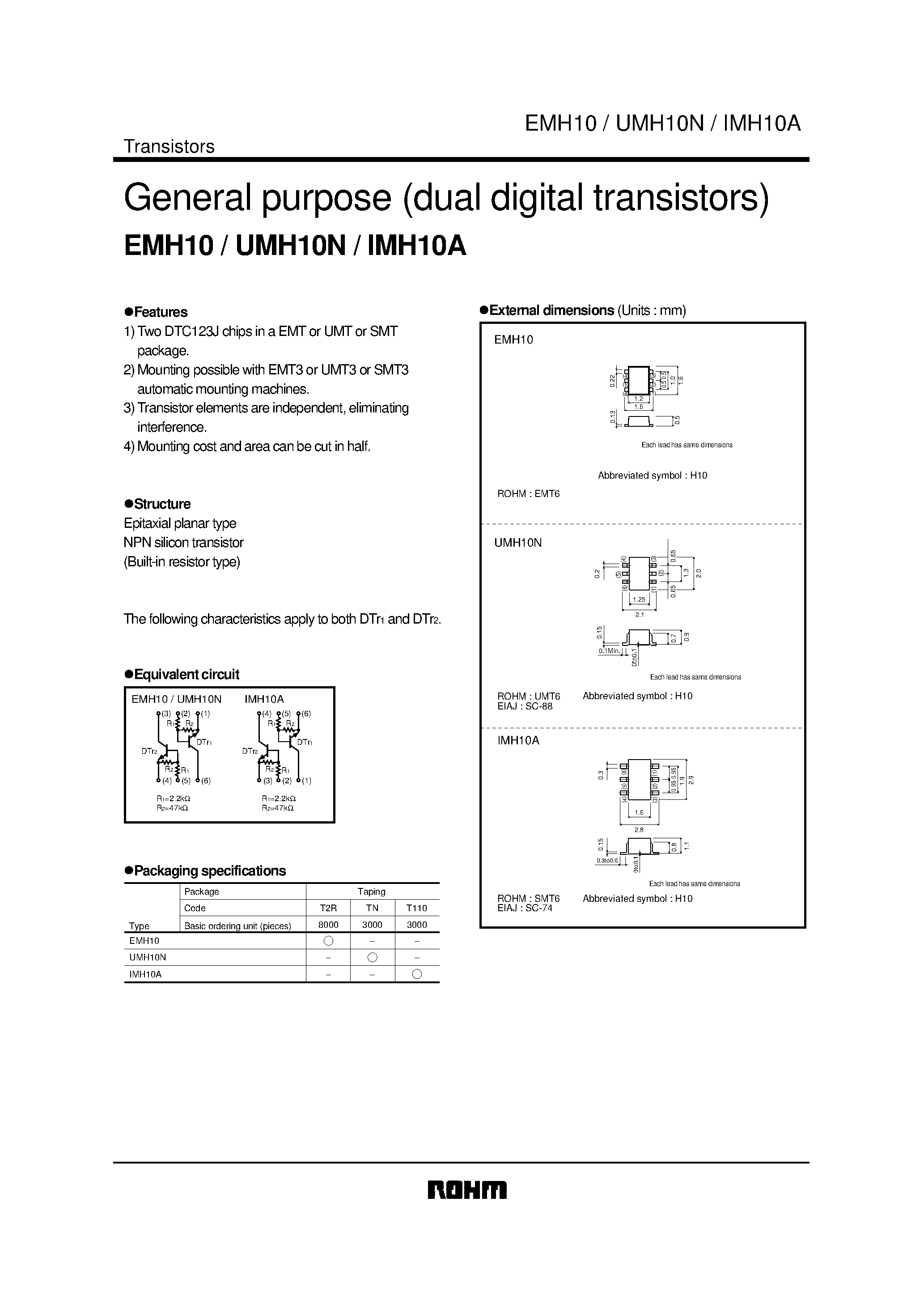 Даташит UMH10N - General purpose (dual digital transistors) страница 1