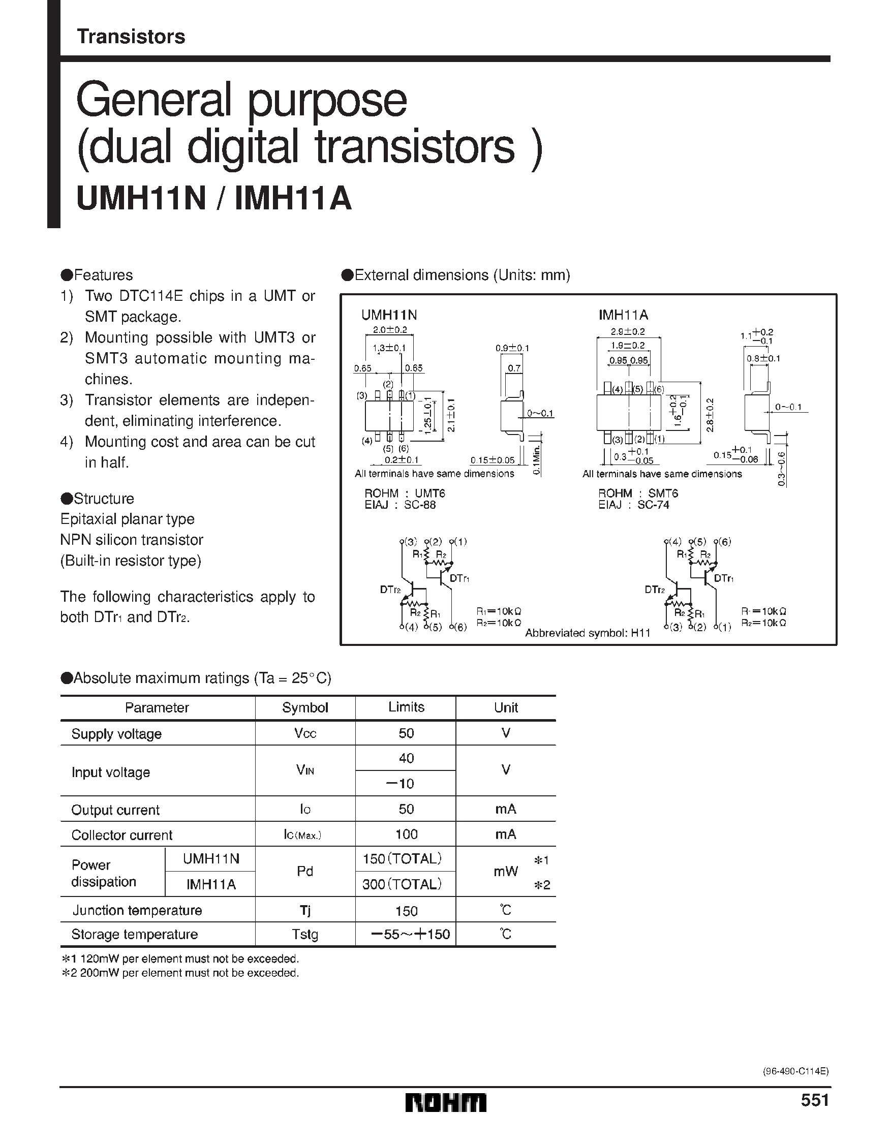 Даташит UMH11N - General purpose (dual digital transistors) страница 1