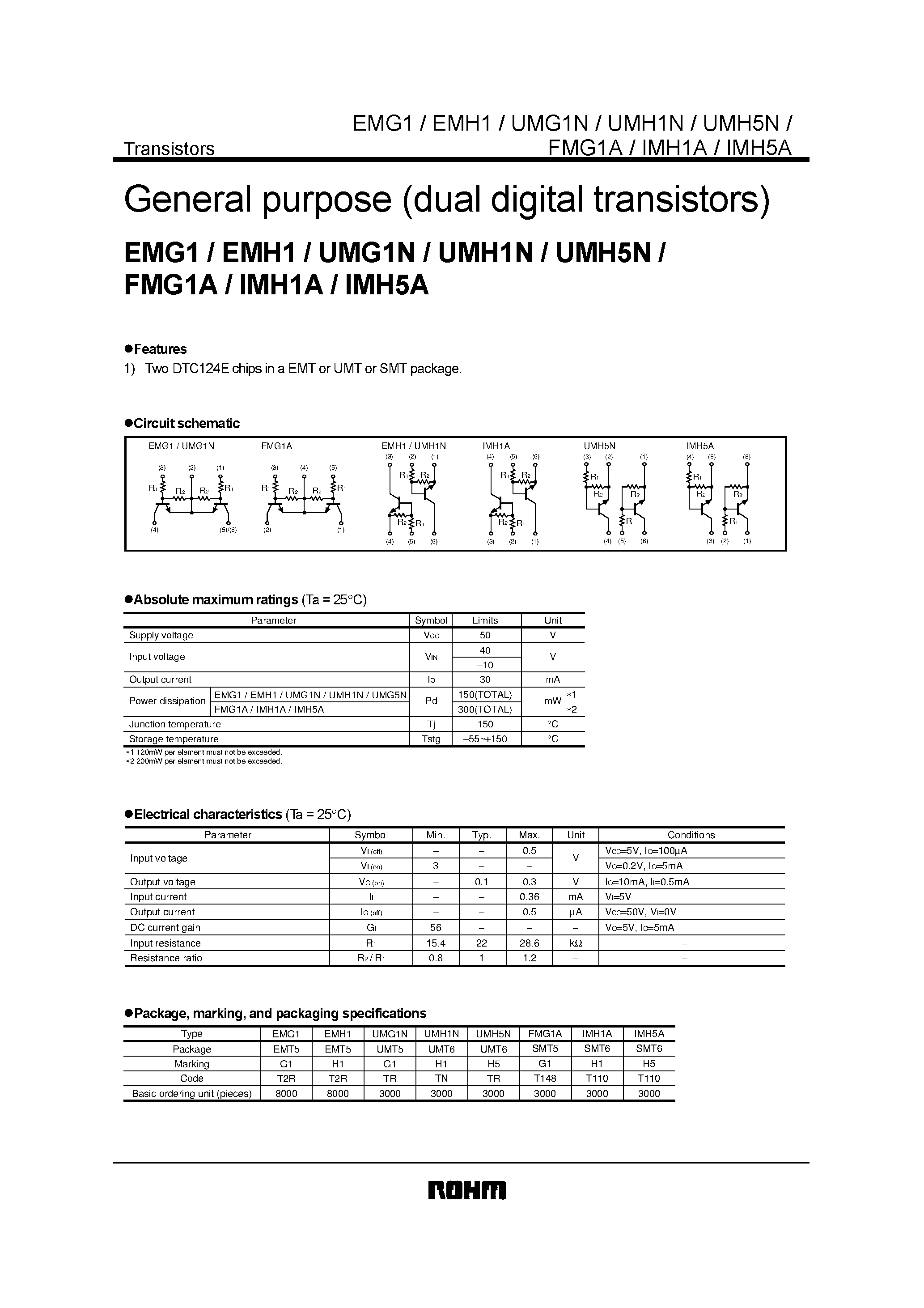 Даташит UMH1N - General purpose (dual digital transistors) страница 1