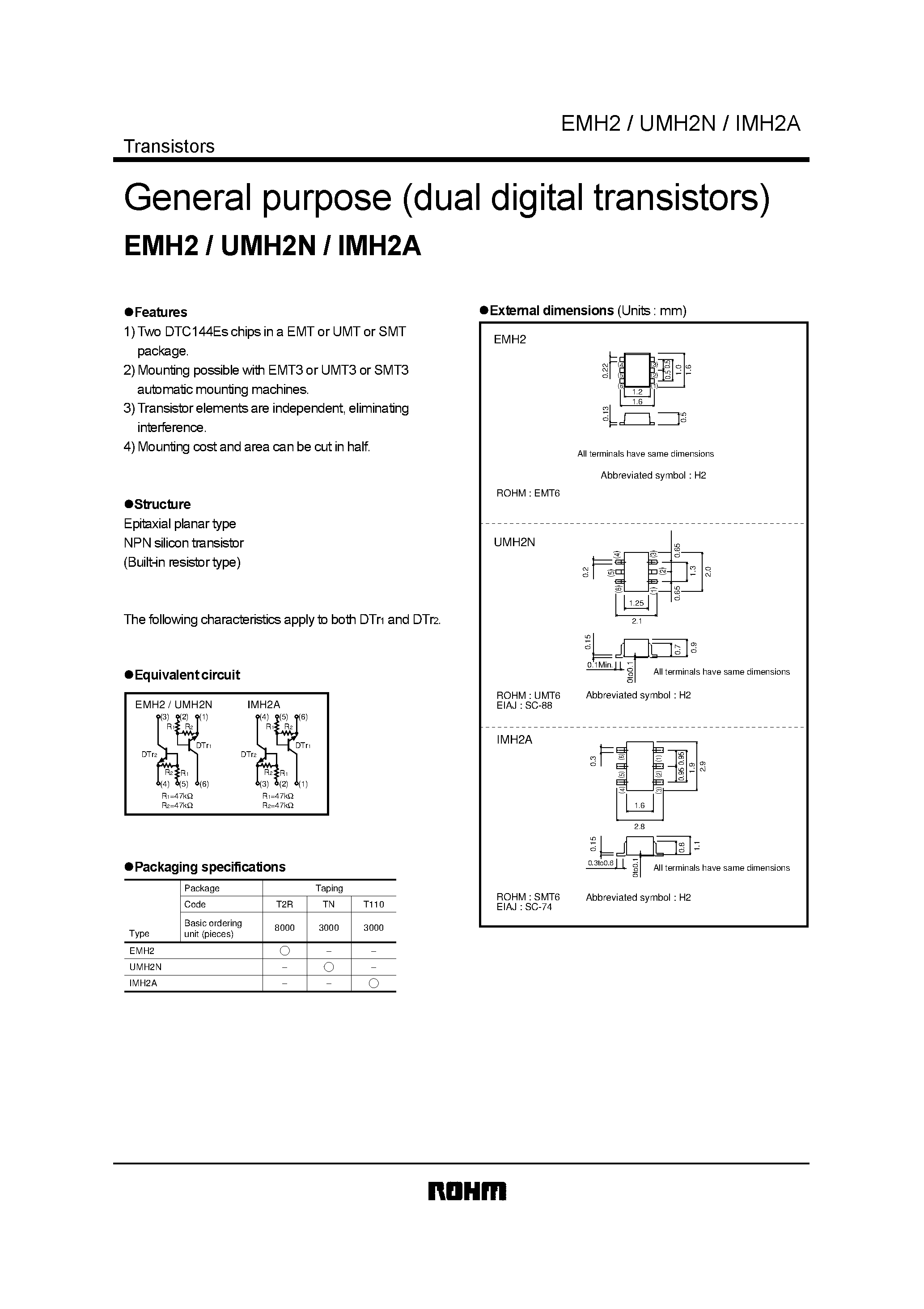 Даташит UMH2N - General purpose (dual digital transistors) страница 1