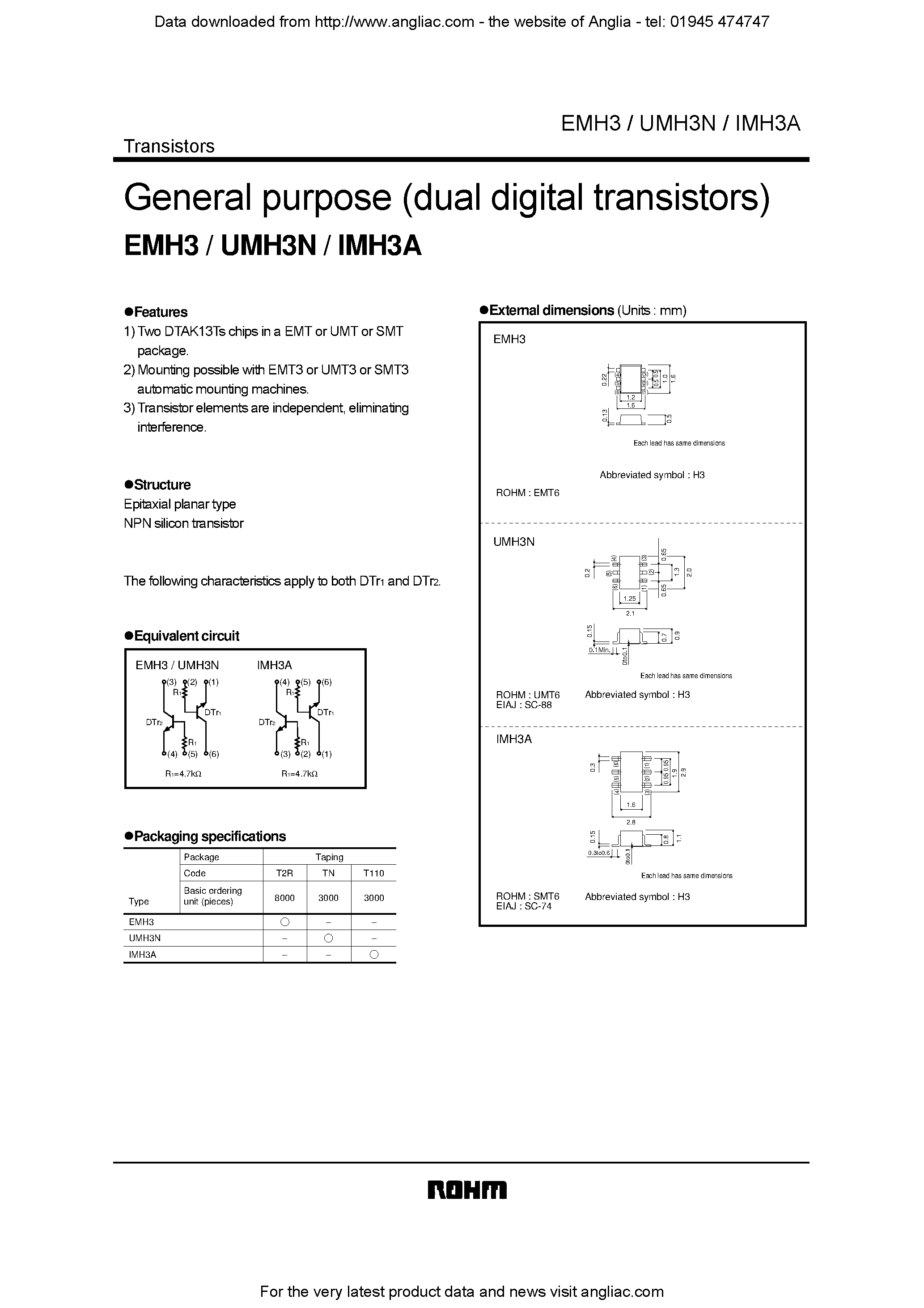 Даташит UMH3N - General purpose (dual digital transistors) страница 1